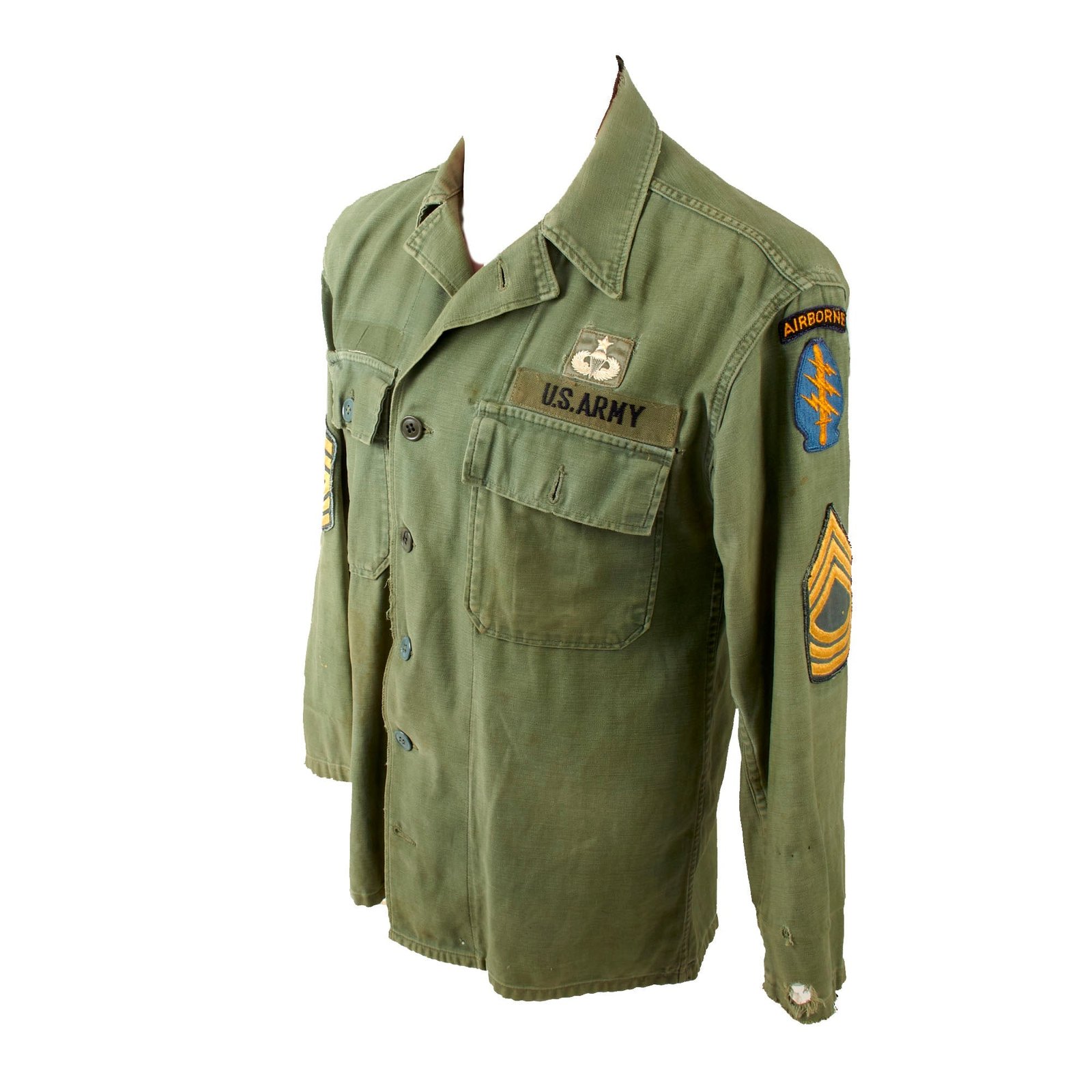 Original U.S. Vietnam War Special Forces Airborne OG-107 Utility Shirt to Master Sergeant with Senior Parachutist Badge