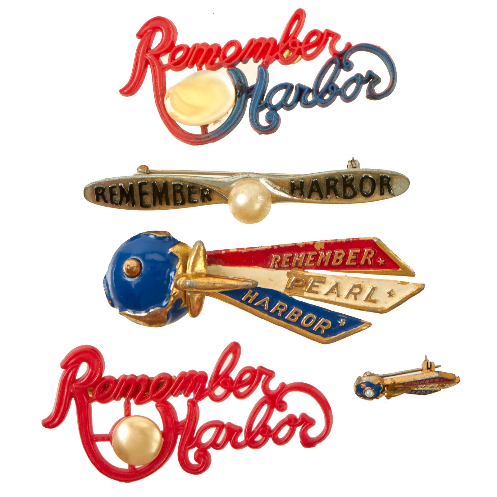 Buy Original U.S. WWII Era “Remember Pearl Harbor” Community Chest Fundraiser and Homefront Pin Lot - 5 Items | Original Firearms Antique For Sale