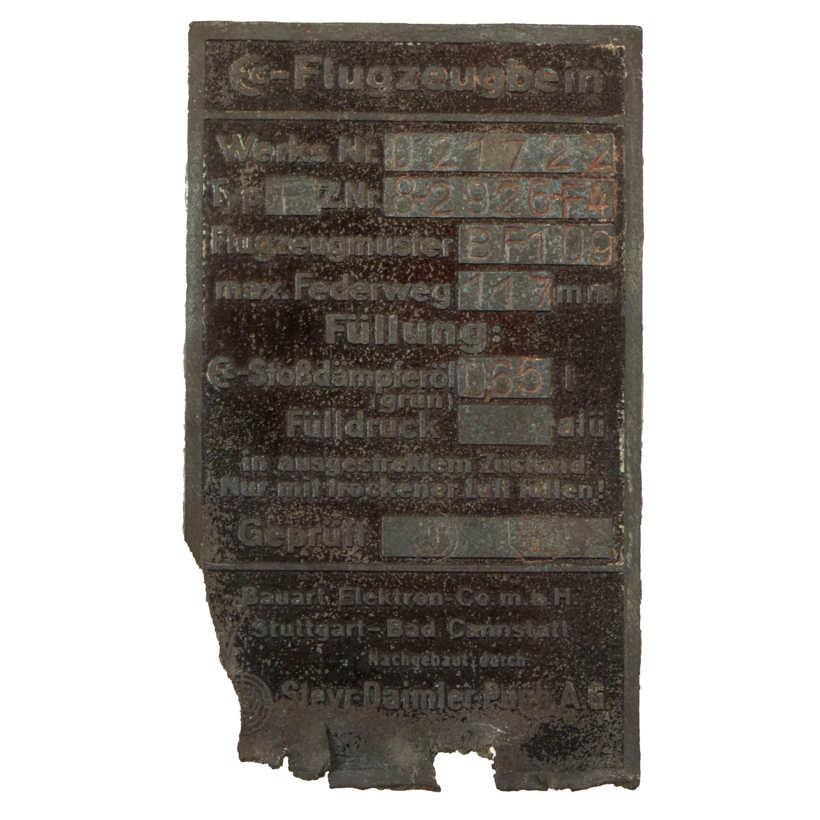 Buy Original German WWII Messerschmitt Bf 109 Aircraft Data Plate for Landing Gear & Shock Absorber | Original Firearms Antique For Sale