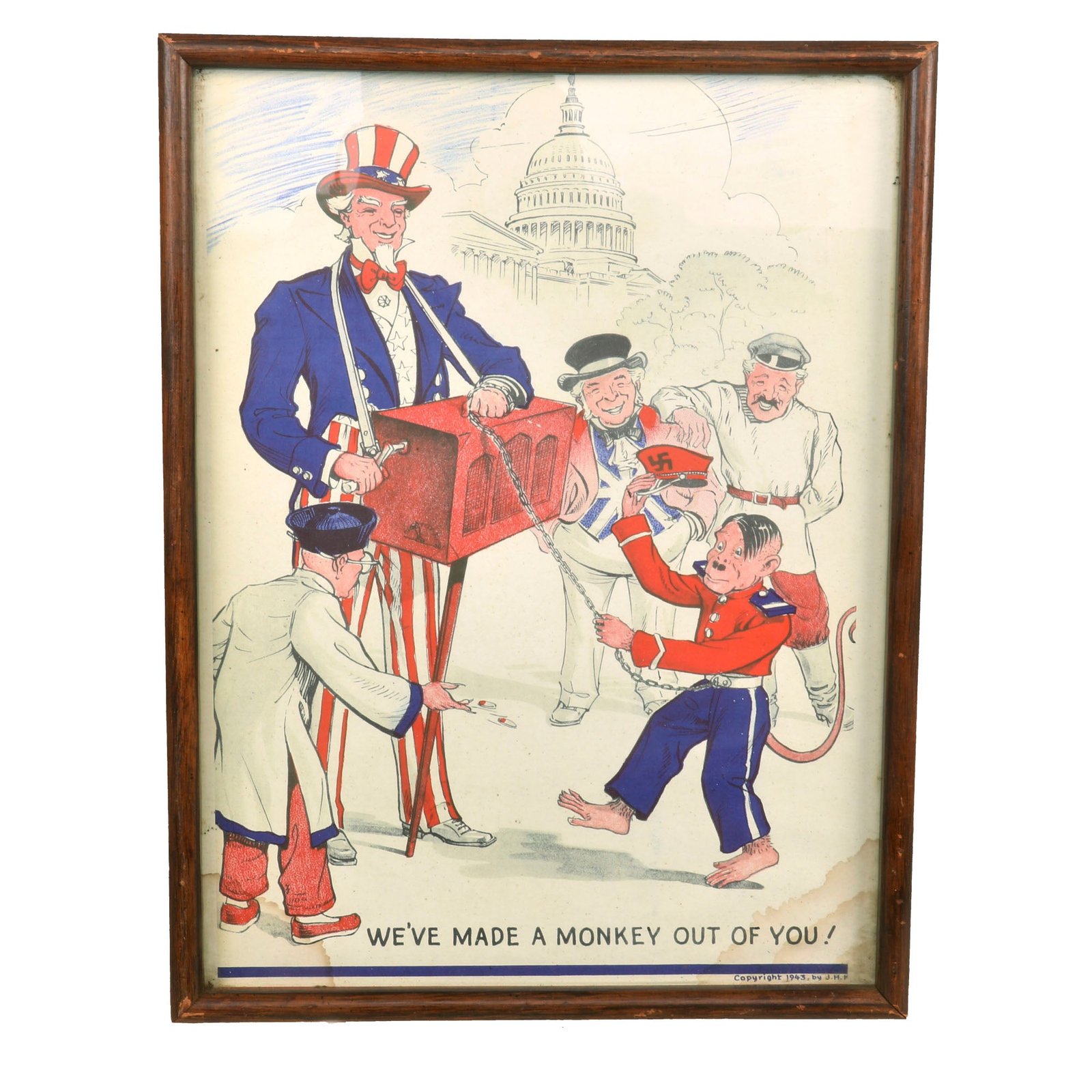 Buy Original U.S. WWII Government Printing Office “We’ve Made A Monkey Out Of You” Framed Propaganda Poster With Artwork by J.H. King - 12¾ x 16¾” | Original Firearms Antique For Sale
