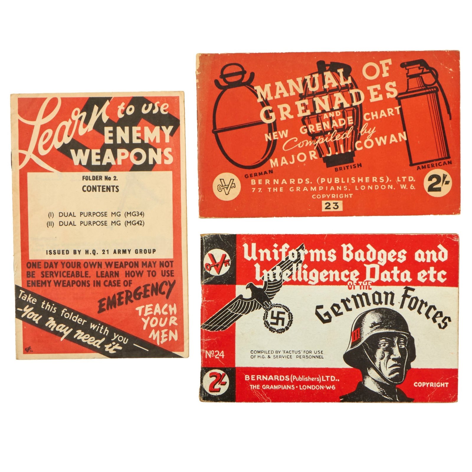 Buy Original British WWII Lot of 3 Enemy Familiarization Manuals about Use of MG34 & MG42, Uniform Badges & Intelligence Data, and Grenades | Original Firearms Antique For Sale