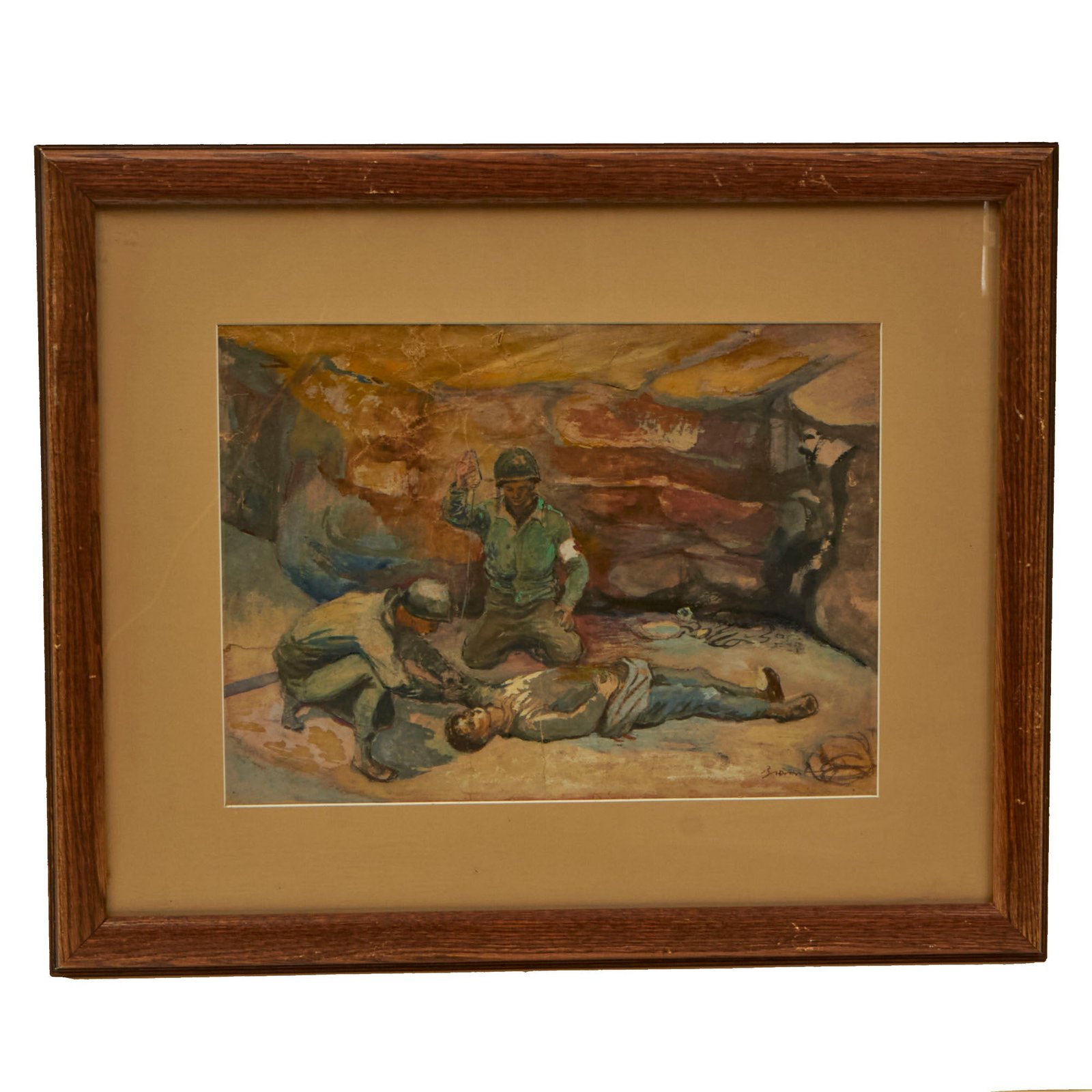 Buy Original U.S. WWII Framed Painted Artwork of Medics Giving IV to Wounded Soldier in the Field - Signed - 18½ x 22¾” | Original Firearms Antique For Sale