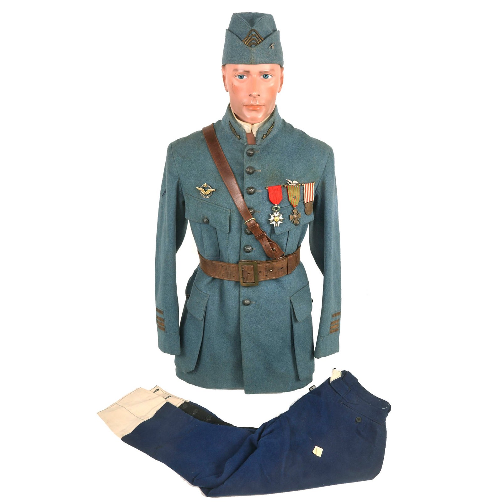 Buy Original France WWI Pilot Armée de l'Air French Air Service Wounded Commandant Officer’s Uniform Set With Tunic, Trousers, Sam Browne Belt, Medals, and Overseas Cap with Squadron Insignia - 'Stork Escadrille N3' | Original Firearms Antique For Sale