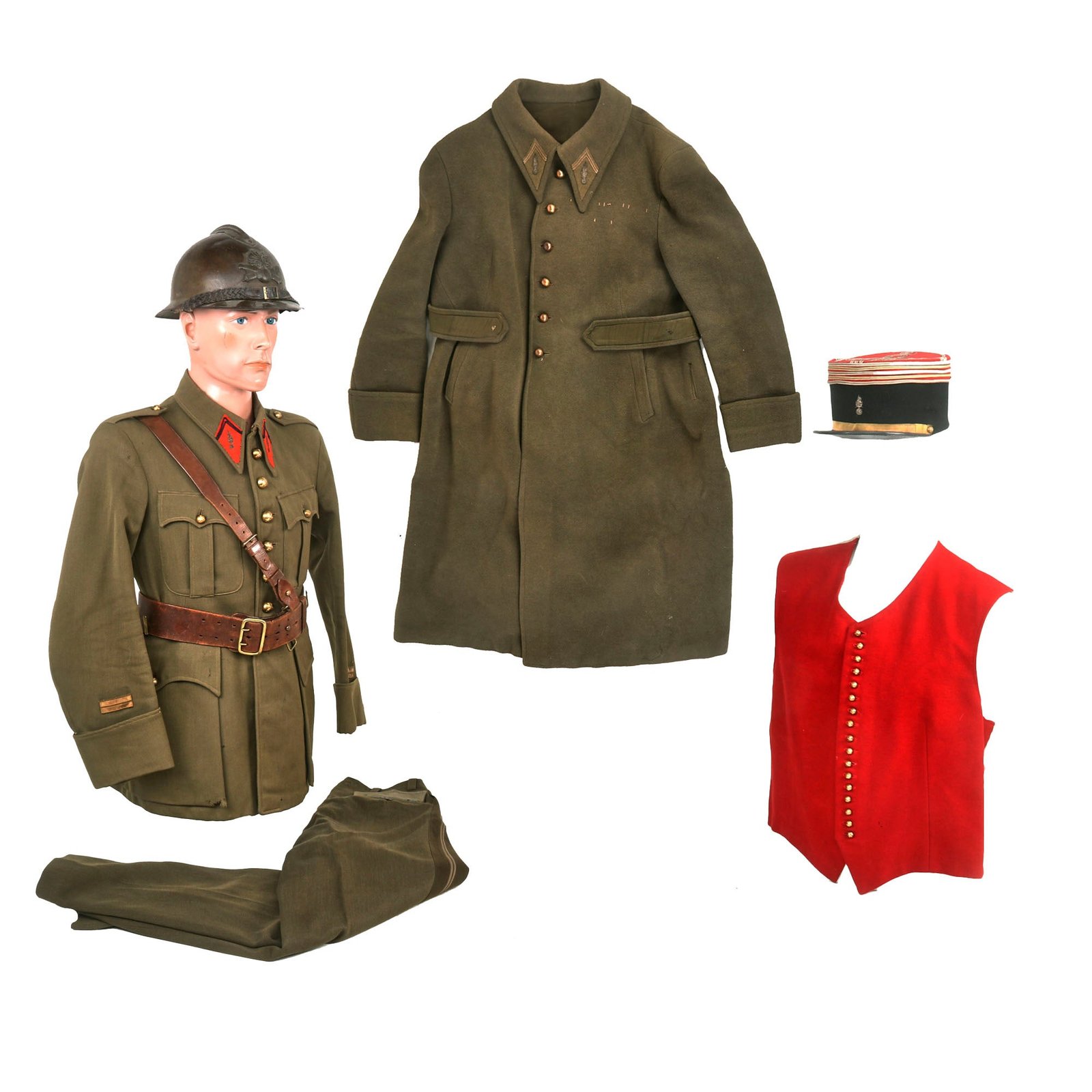 Buy Original French WWII Artillery Lieutenant Officer’s Uniform Grouping with Tunic, Trousers, Vest, Greatcoat, Kepi, and M26 Officer’s Helmet with Braided Chinstrap | Original Firearms Antique For Sale