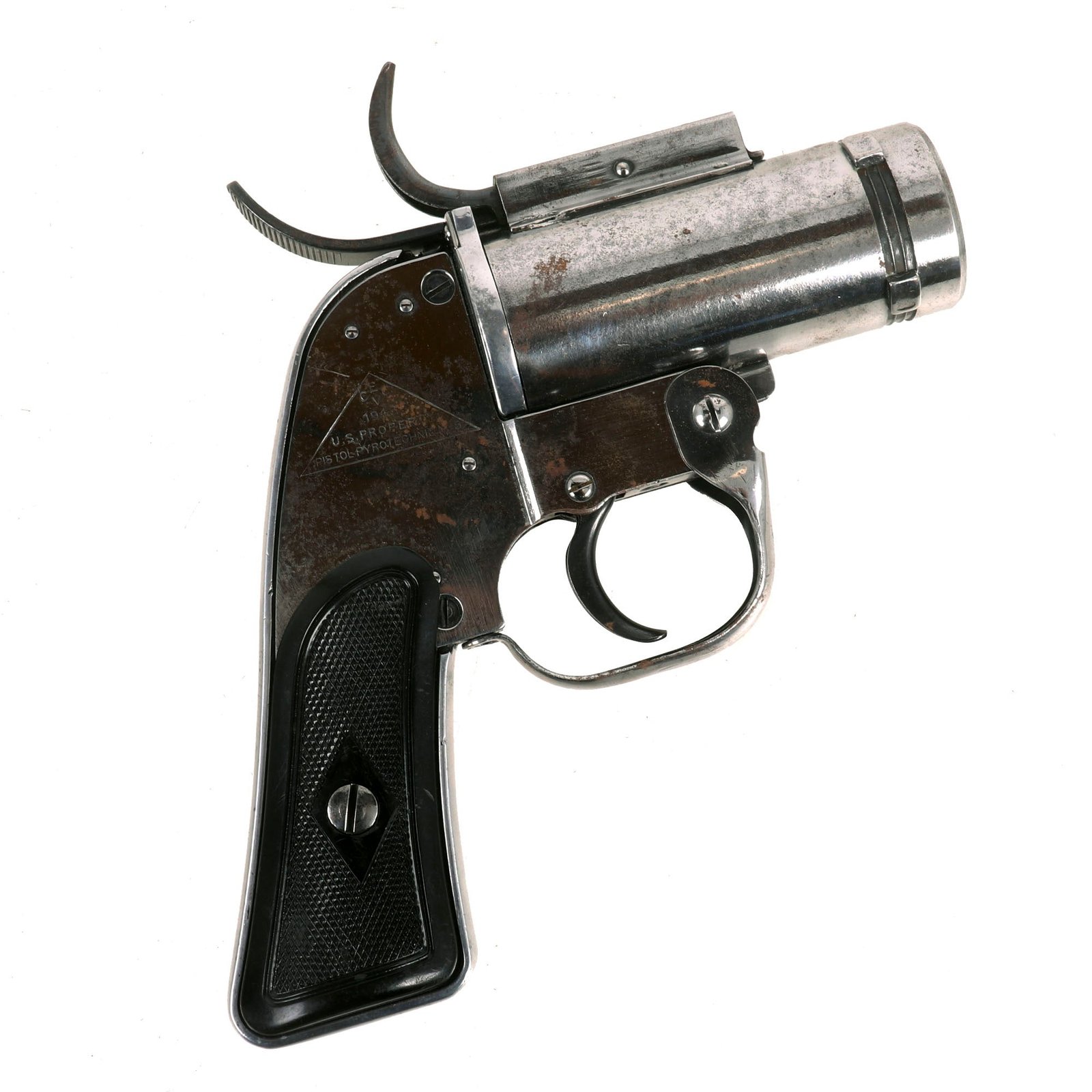Buy Original U.S. WWII Polished M8 Pyrotechnic 37mm Flare Signal Pistol by Eureka Vacuum - Serial E-096776 | Original Firearms Antique For Sale