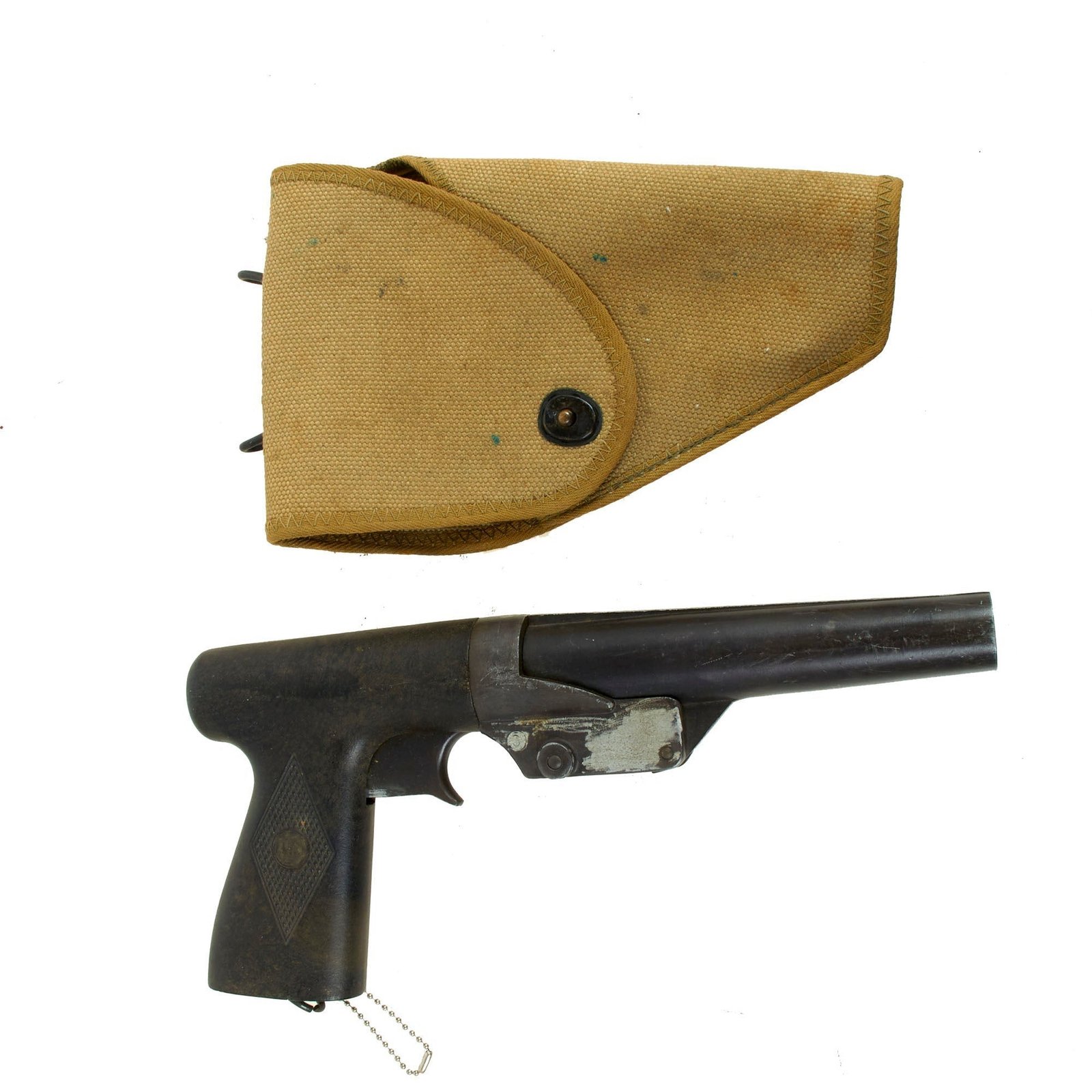 Buy Original WWII U.S. Navy 10 Gauge Sedgley Mark 5 Signal Flare Pistol with Web Holster - Markings Scrubbed | Original Firearms Antique For Sale