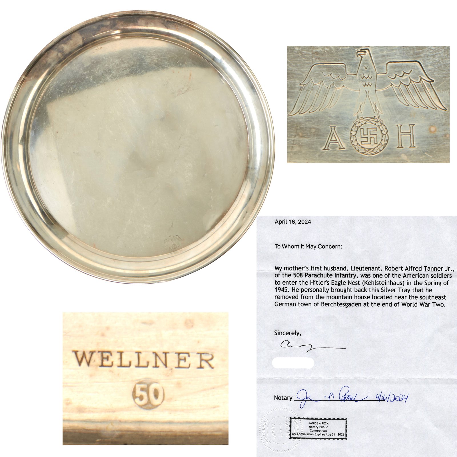 Buy Original German WWII USGI Berchtesgaden Bring Back AH Silver Serving Tray by Wellner with Notarized Letter of Provenance - 508th Parachute Infantry Regiment Veteran | Original Firearms Antique For Sale