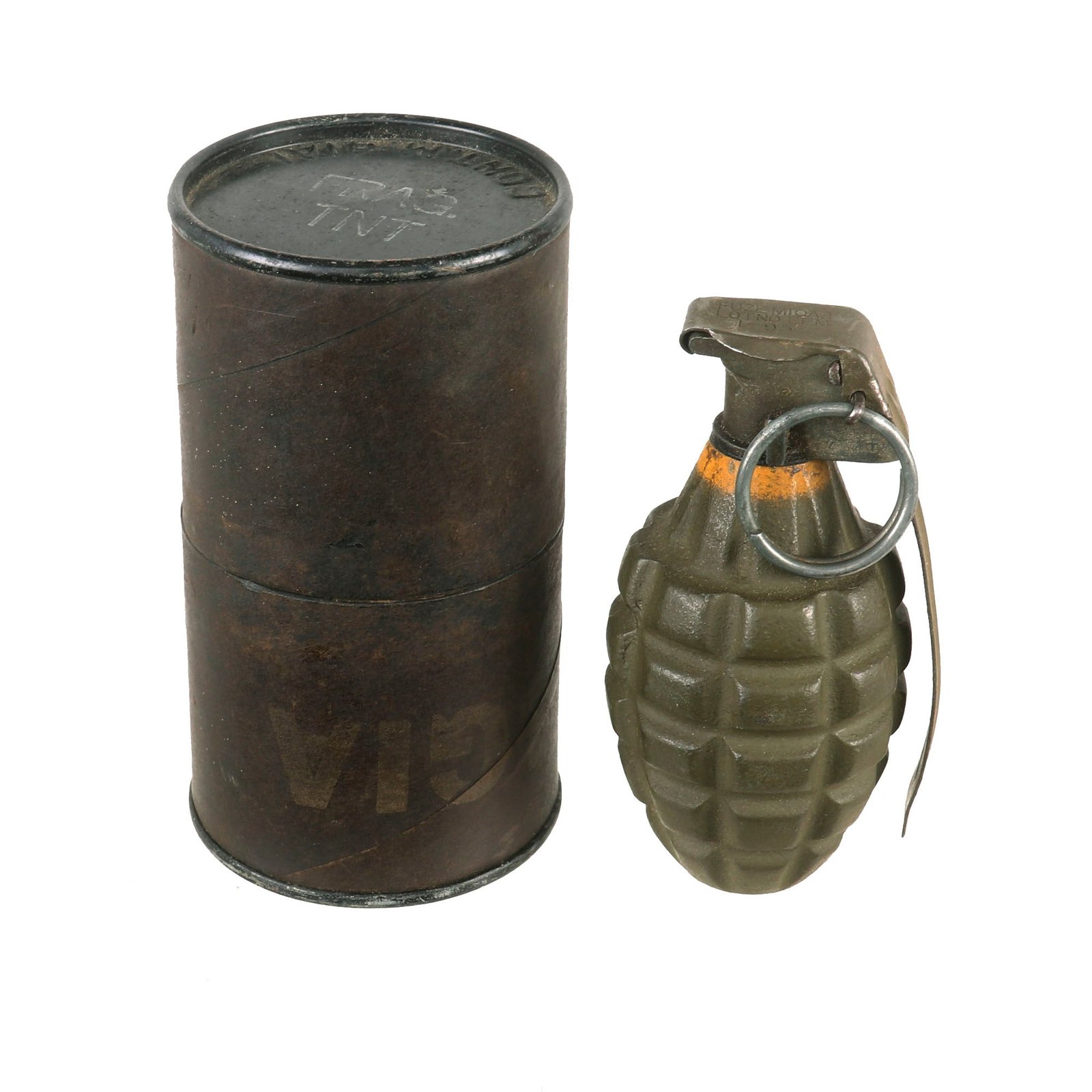 Buy Original U.S. WWII Inert MkII Pineapple Grenade by OKK with Yellow Ring & M10A3 Fuze in Original Tube | Original Firearms Antique For Sale