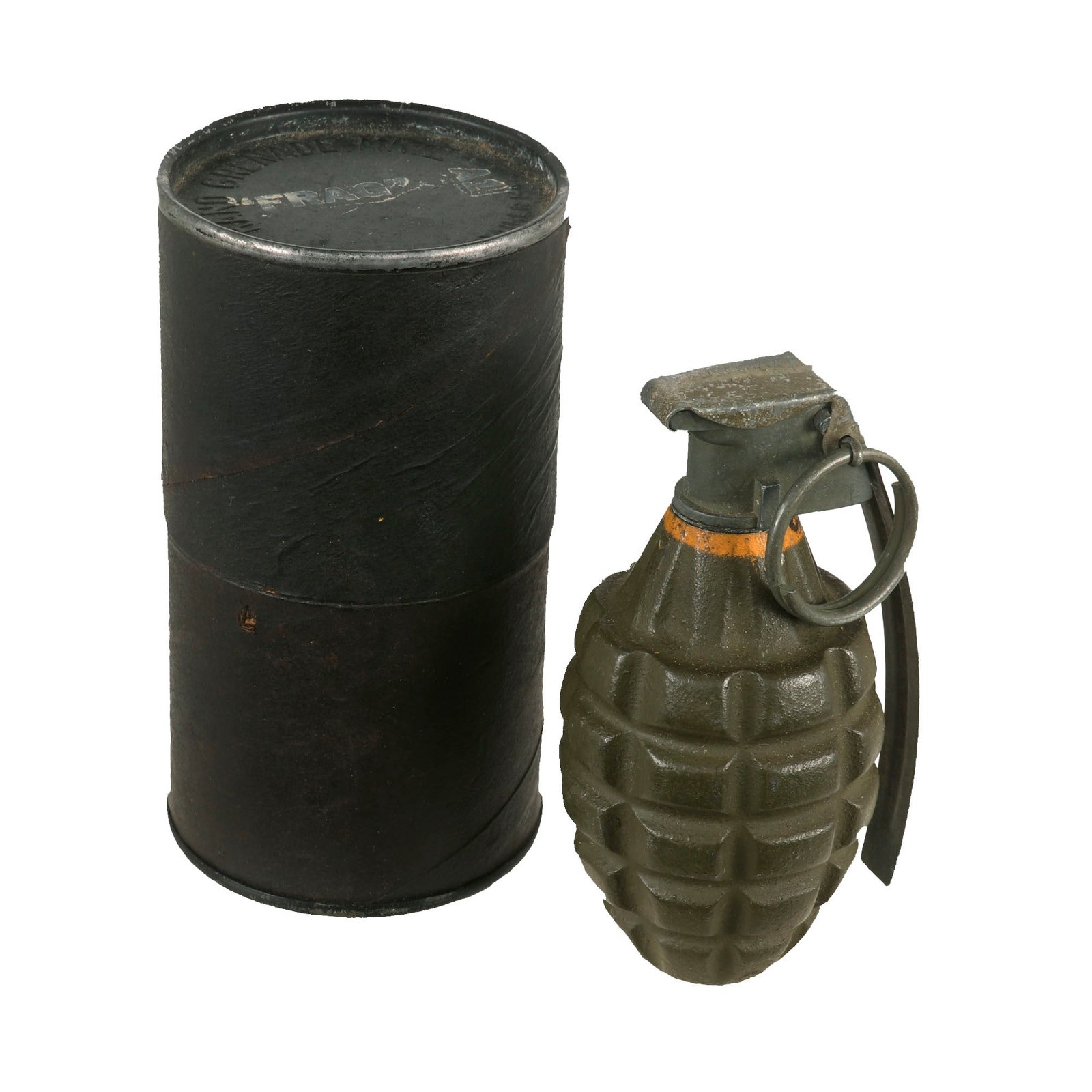 Buy Original U.S. WWII Inert MkII Pineapple Grenade by OKK with Yellow Ring & M10A2 Fuze in Original Tube | Original Firearms Antique For Sale