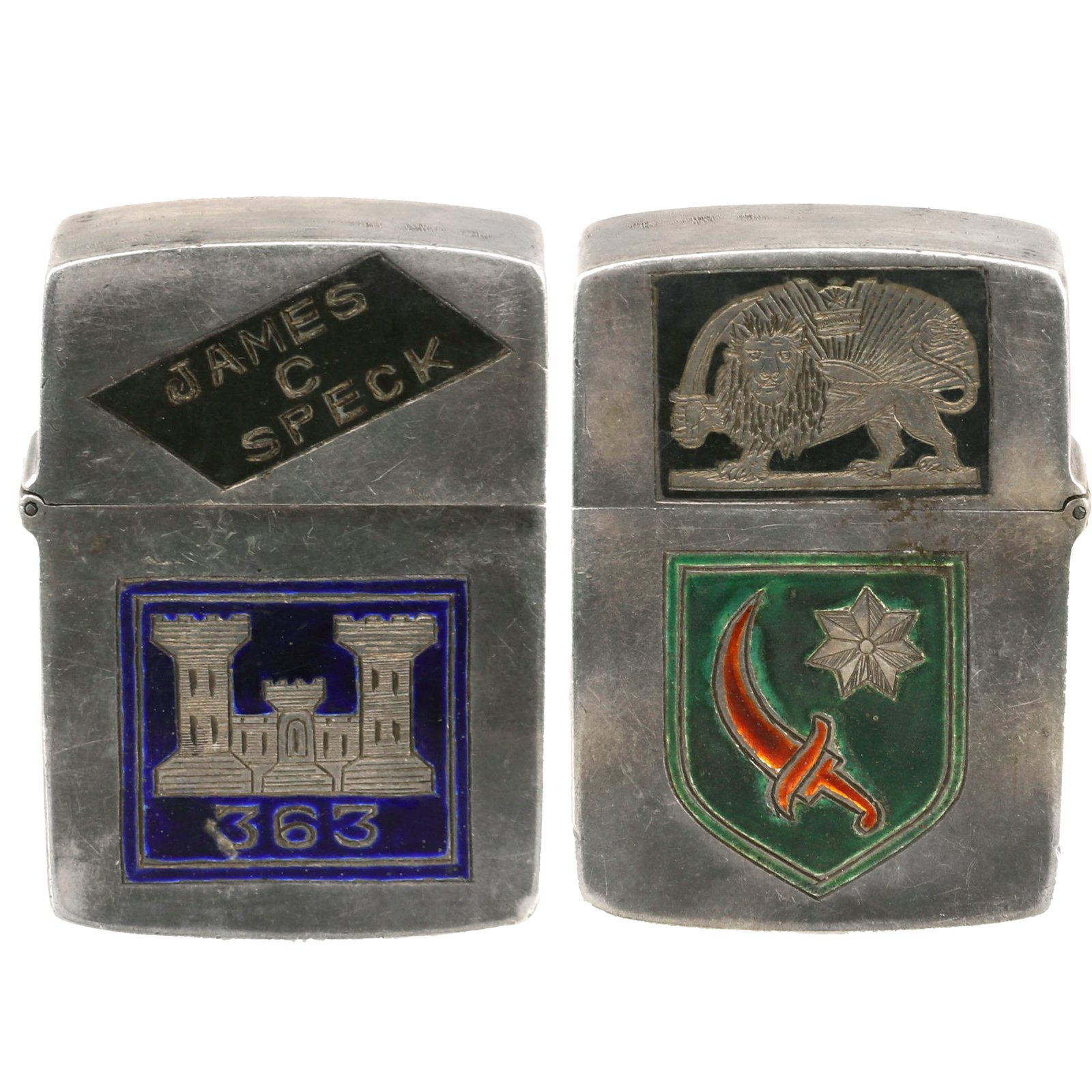 Buy Original U.S. WWII Named Persian Gulf Command Theater-Made Enameled Lighter - 363rd Engineers | Original Firearms Antique For Sale