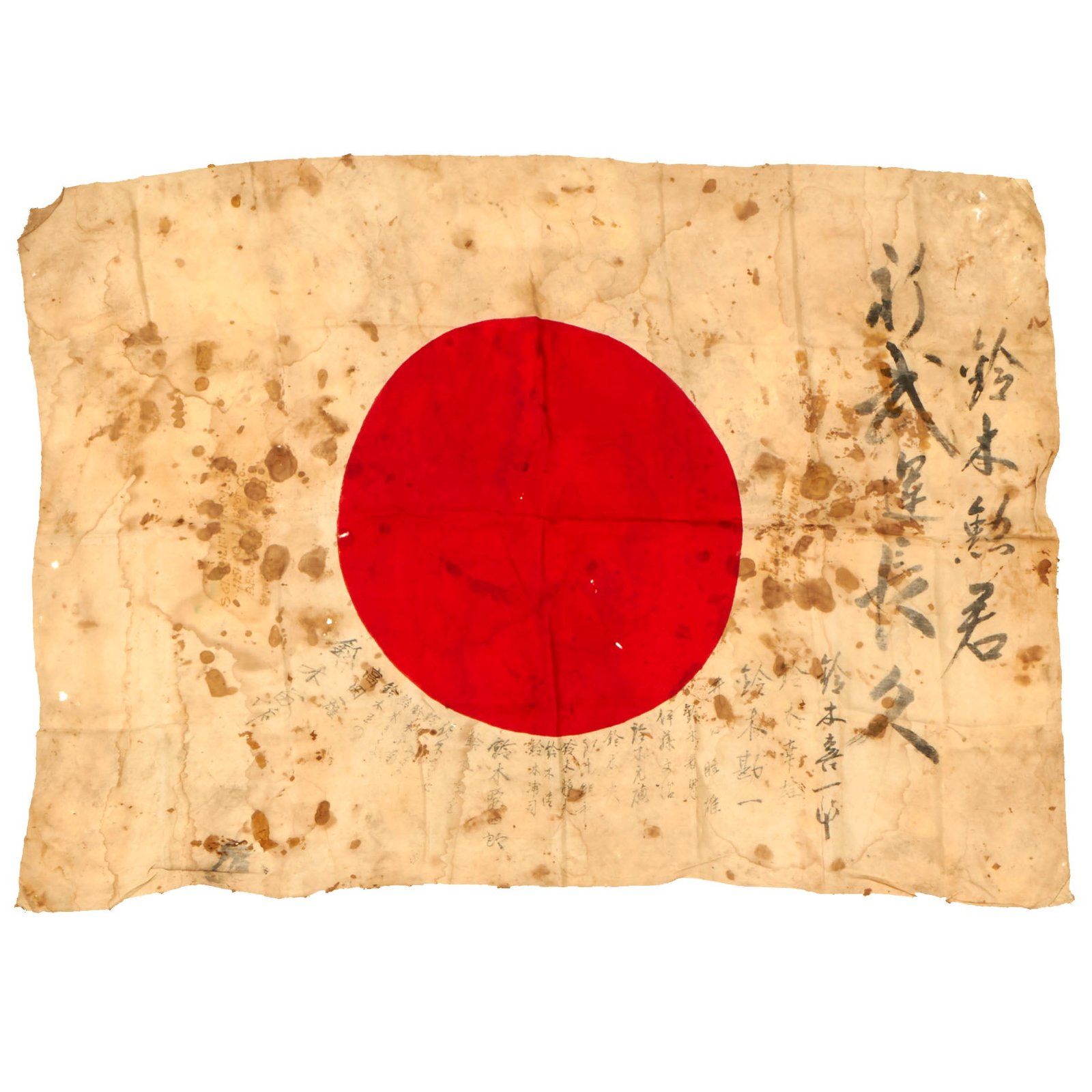 Buy Original Japanese WWII Captured Service Worn Hand-Painted Cloth Good Luck Flag Signed by American Soldiers - 29 x 41” | Original Firearms Antique For Sale