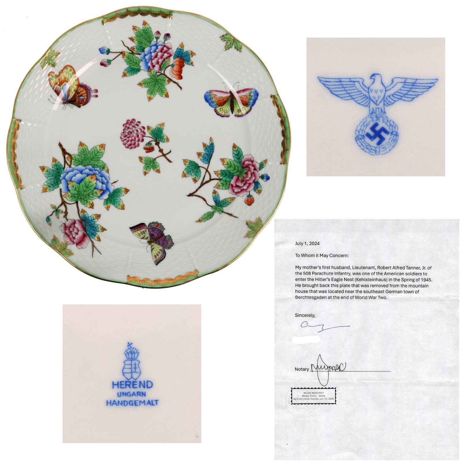Buy Original German WWII USGI Berchtesgaden Bring Back AH Herend China Plate Presented to AH by Miklos Horthy, Regent of Hungary with Letter of Provenance - Captured by 508th Parachute Infantry Regiment | Original Firearms Antique For Sale