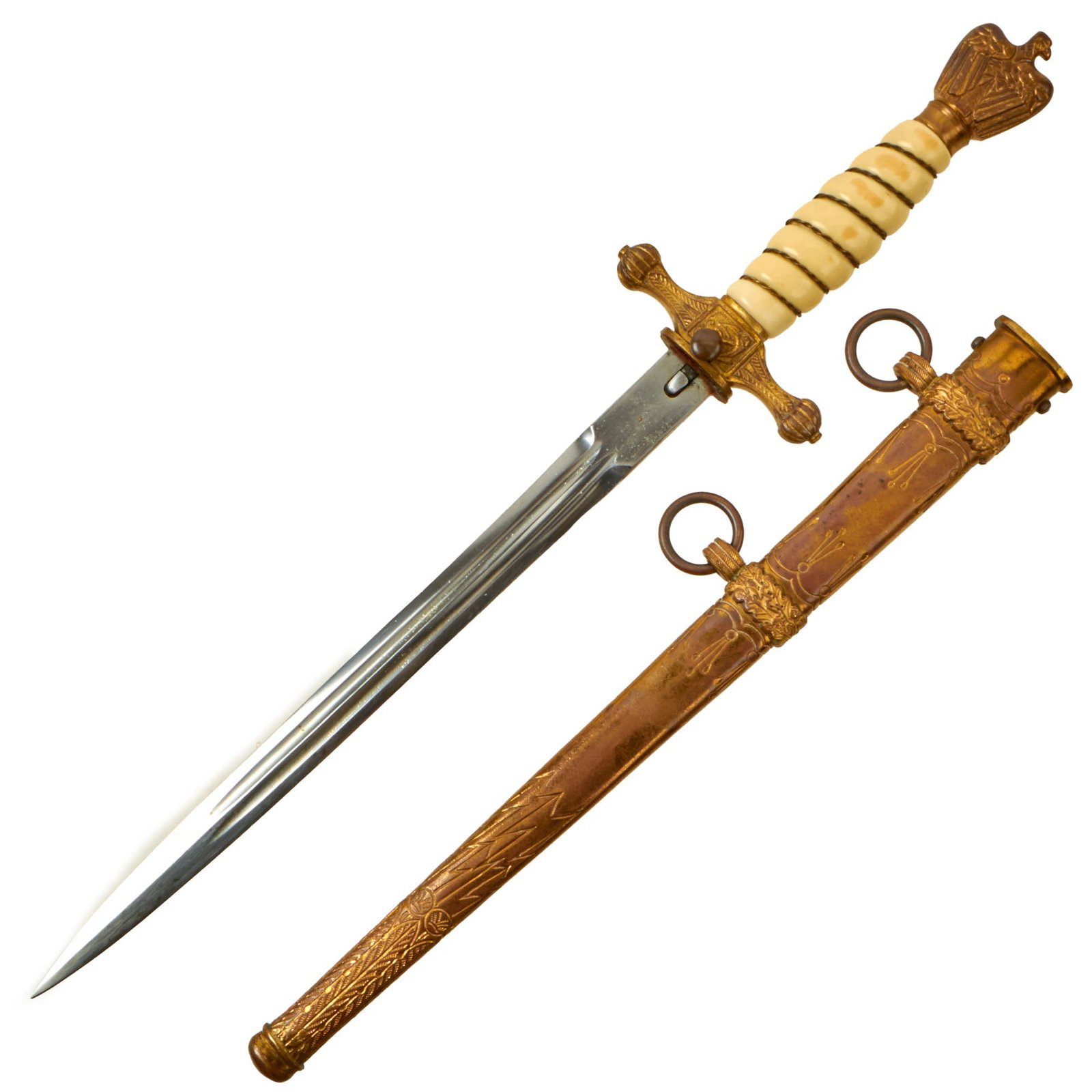 Buy Original WWII German 2nd Model Kriegsmarine Naval Dagger by W.K.C. Waffenfabrik with Lightning Bolt Scabbard - Unplated Blade | Original Firearms Antique For Sale
