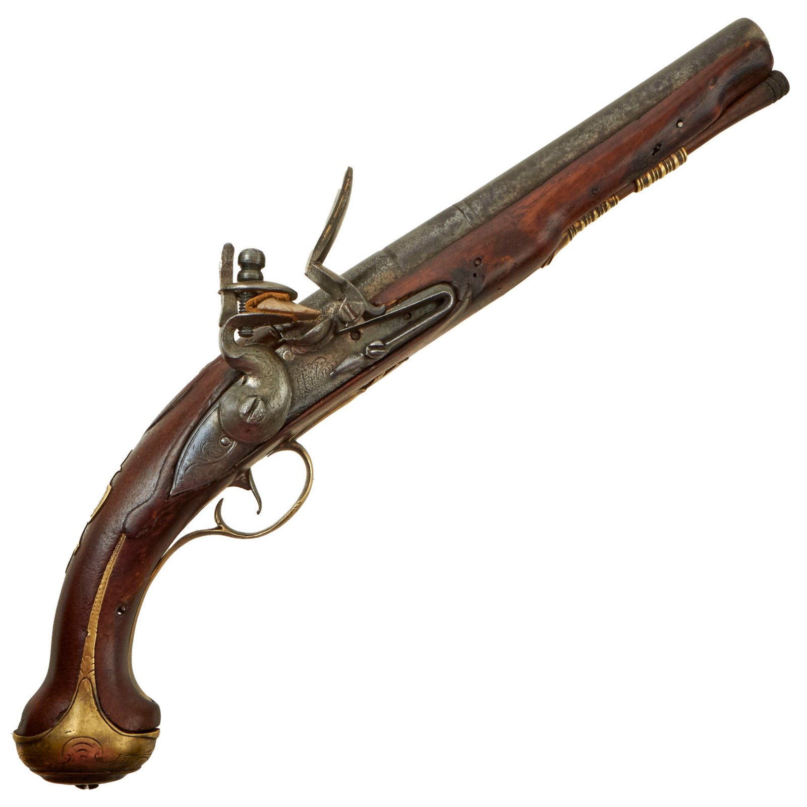 Buy Original British 18th Century Flintlock Pistol by R. Wilson with Engraved Brass Mountings and Three Screw Lock - Circa 1745 | Original Firearms Antique For Sale
