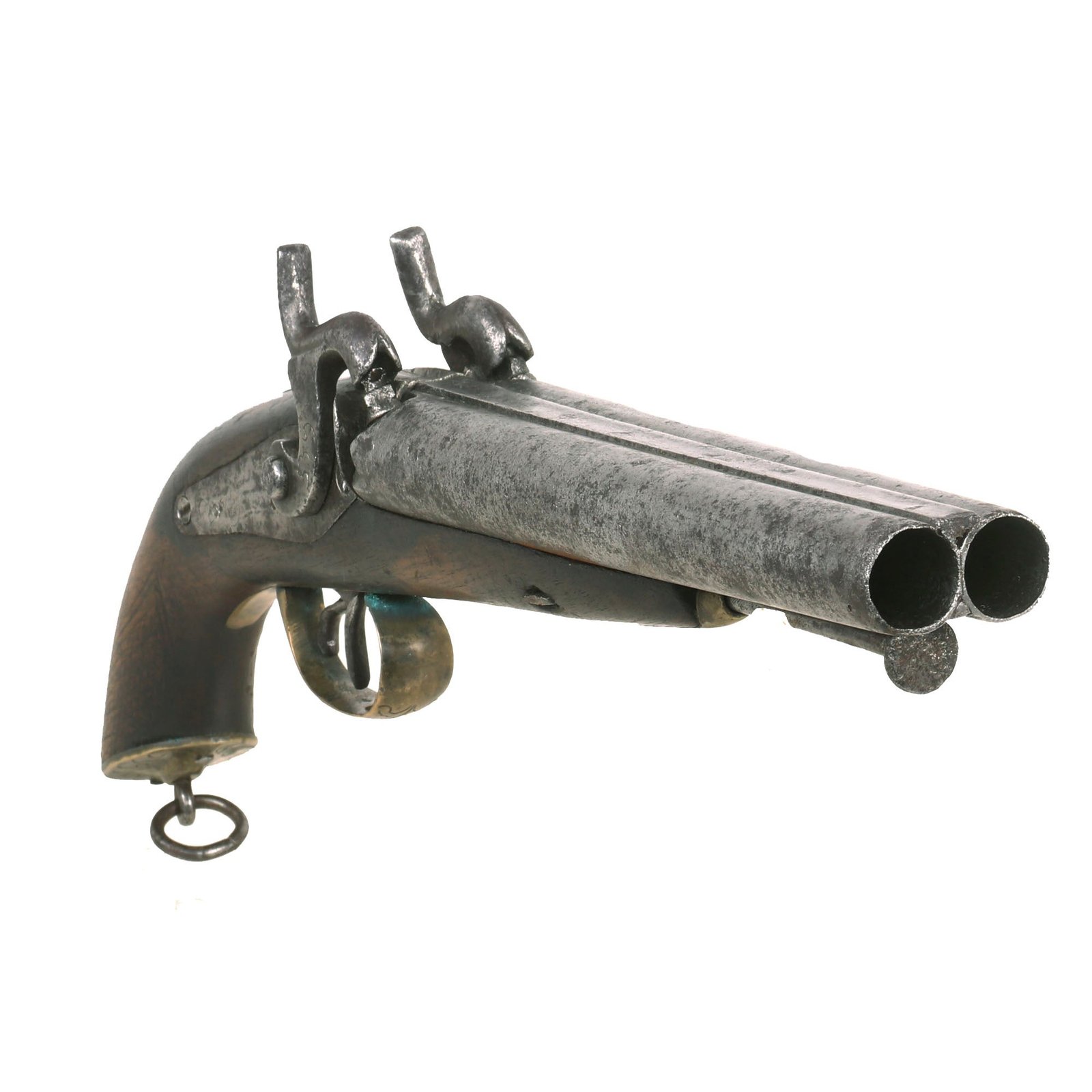 Buy Original Victorian 14 Bore Double Barrel Howdah Percussion Pistol with Spiral Forged Barrels - circa 1850 | Original Firearms Antique For Sale