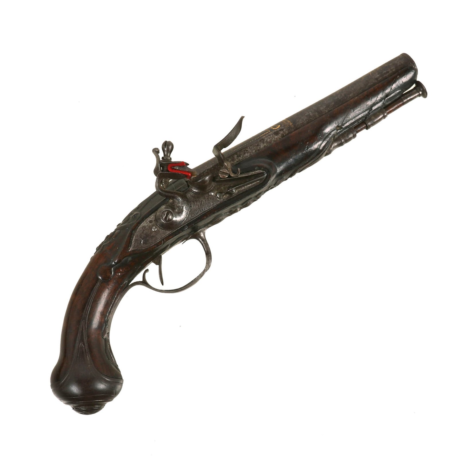 Buy Original French Flintlock Overcoat Pistol by Mollet of Brest with Relief Carved Stock and Gold Etched Barrel - Circa 1760 | Original Firearms Antique For Sale