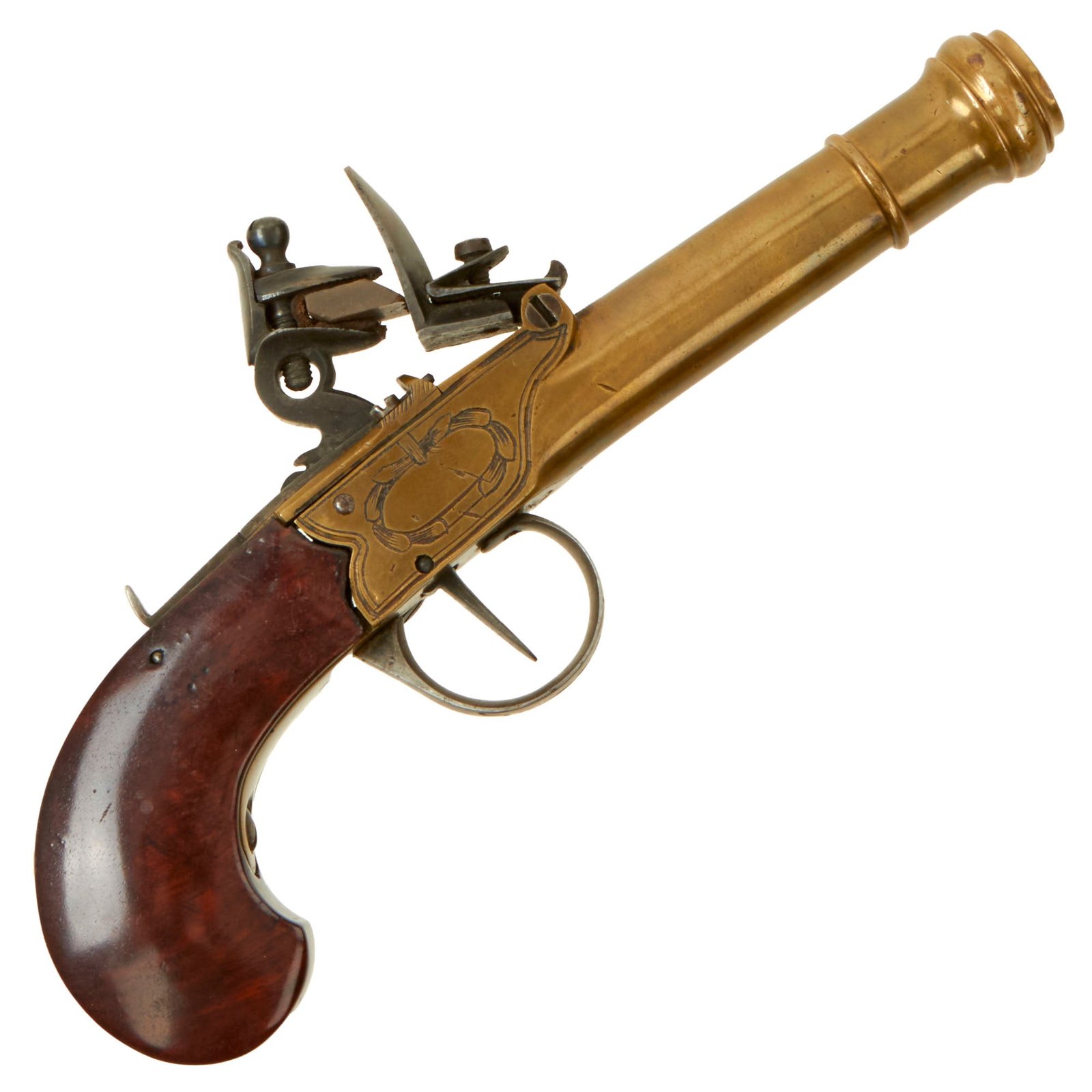 Buy Original European Continental Brass Framed Flintlock Boxlock Vest Pistol with Safety - circa 1800 | Original Firearms Antique For Sale