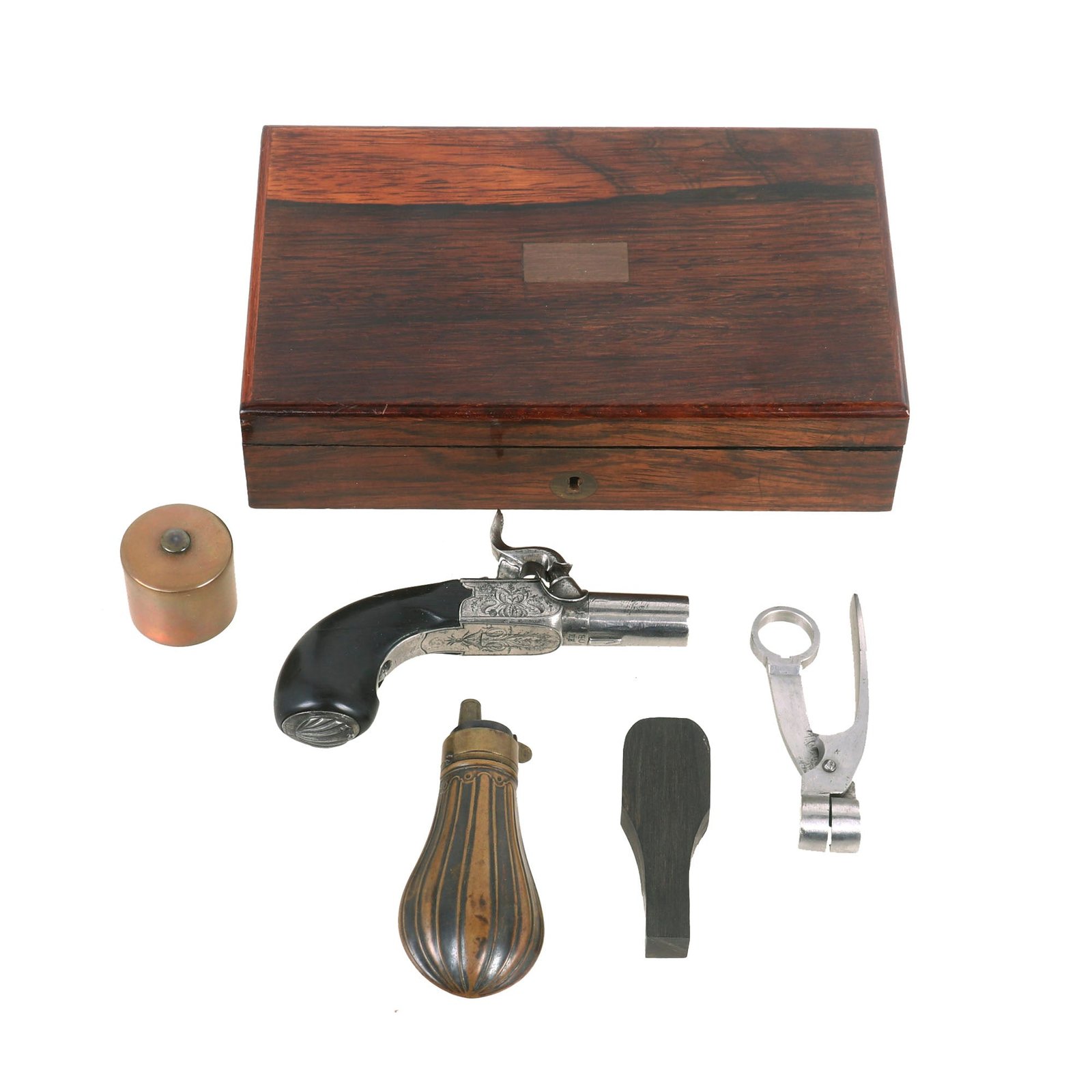 Buy Original European Continental Percussion Boxlock Pocket Pistol by with Custom Wood Case and Accessories - Circa 1840 | Original Firearms Antique For Sale