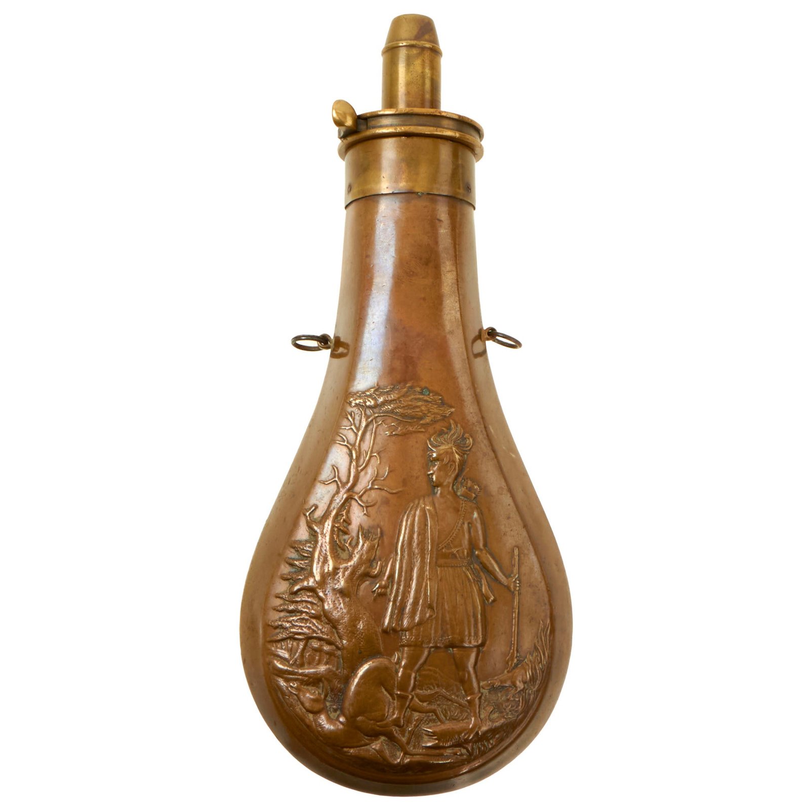 Buy Original British Victorian Copper Gun Powder Flask with Native American Motif by Batty - Dated 1851 | Original Firearms Antique For Sale