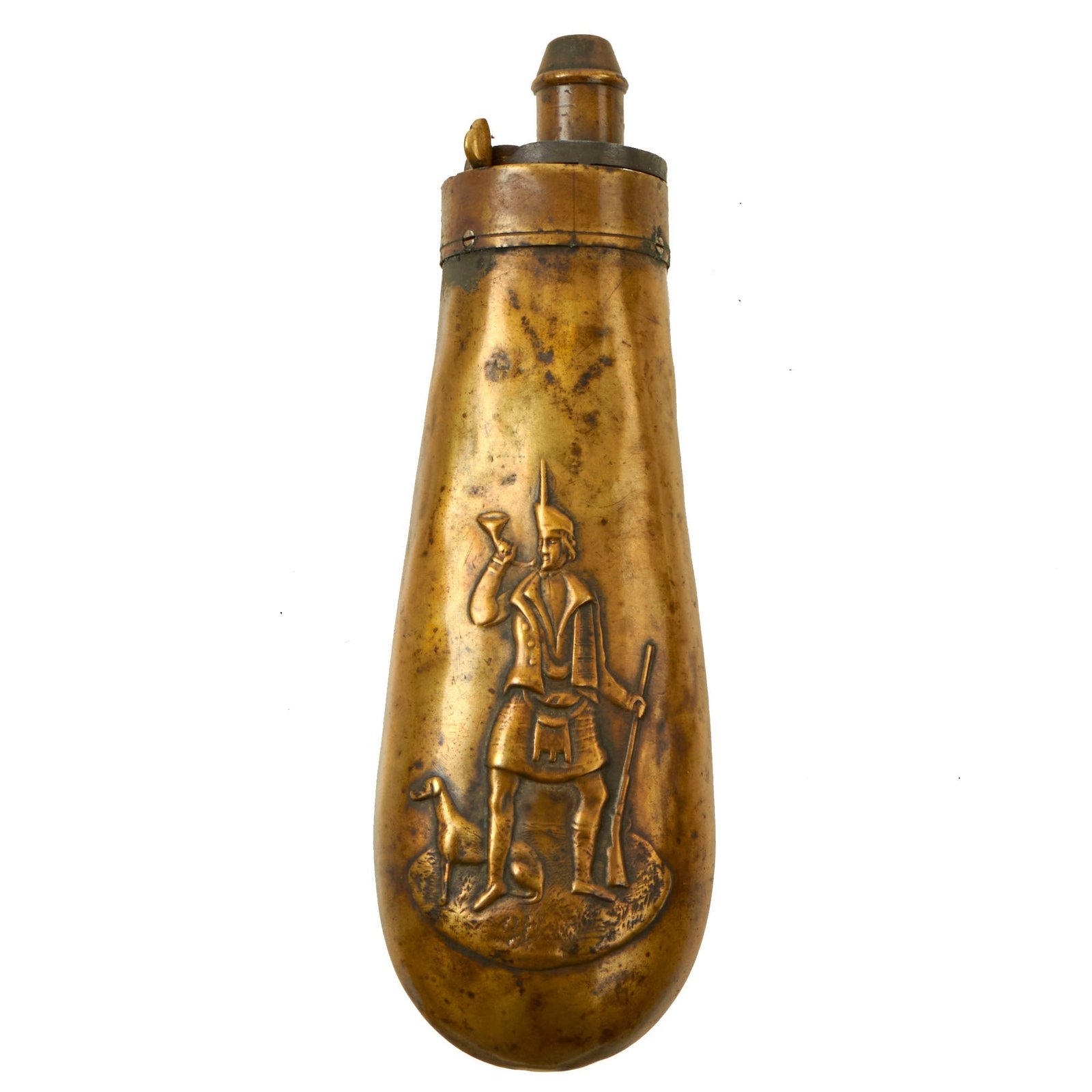 Buy Original U.S. Mexican-American War Era “Indian with Dog” Powder Flask by G. & J.W. Hawksley-Sheffield | Original Firearms Antique For Sale