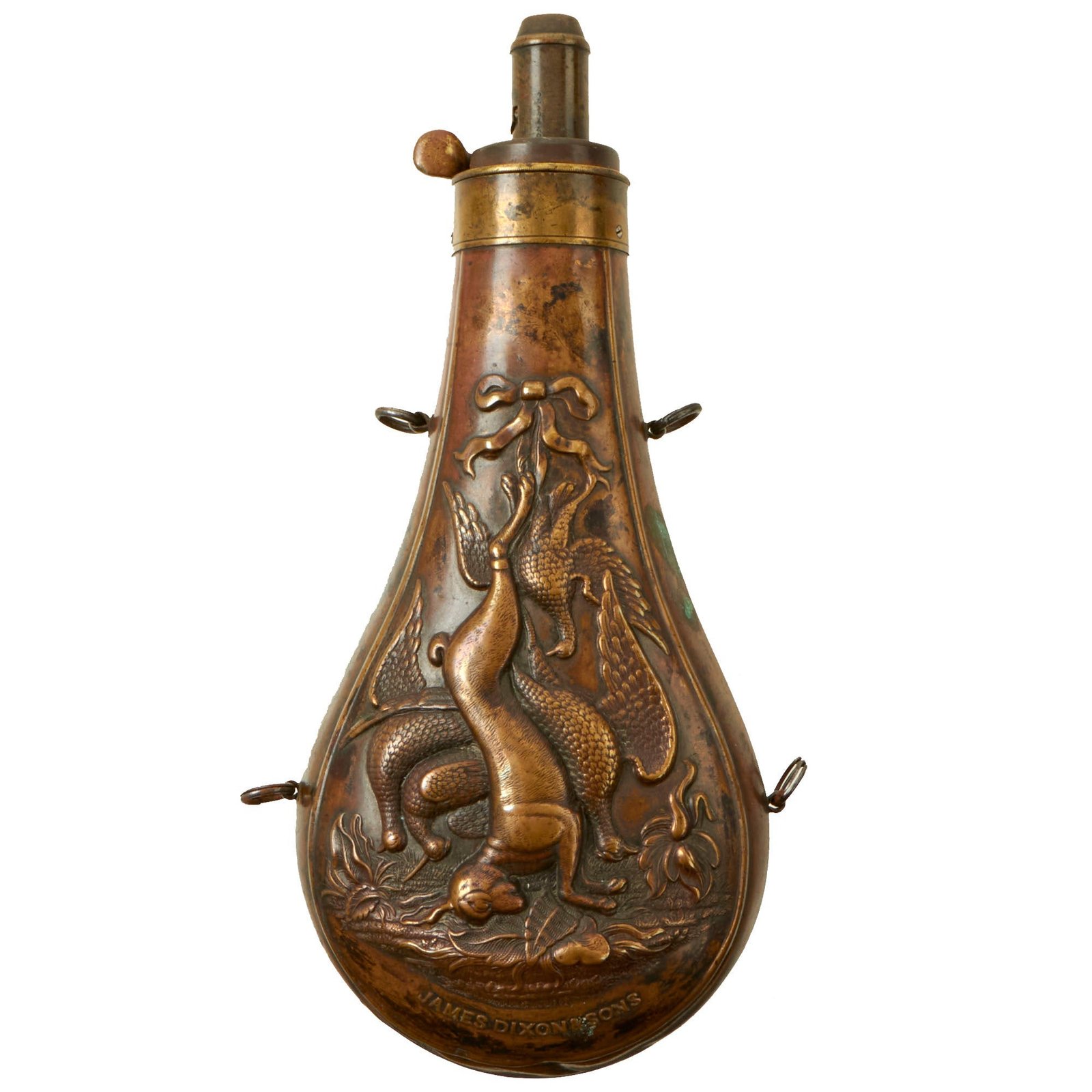 Buy Original British U.S. Civil War Era 1850s Dixon Sheffield Brass Powder Flask “Dead Game” | Original Firearms Antique For Sale