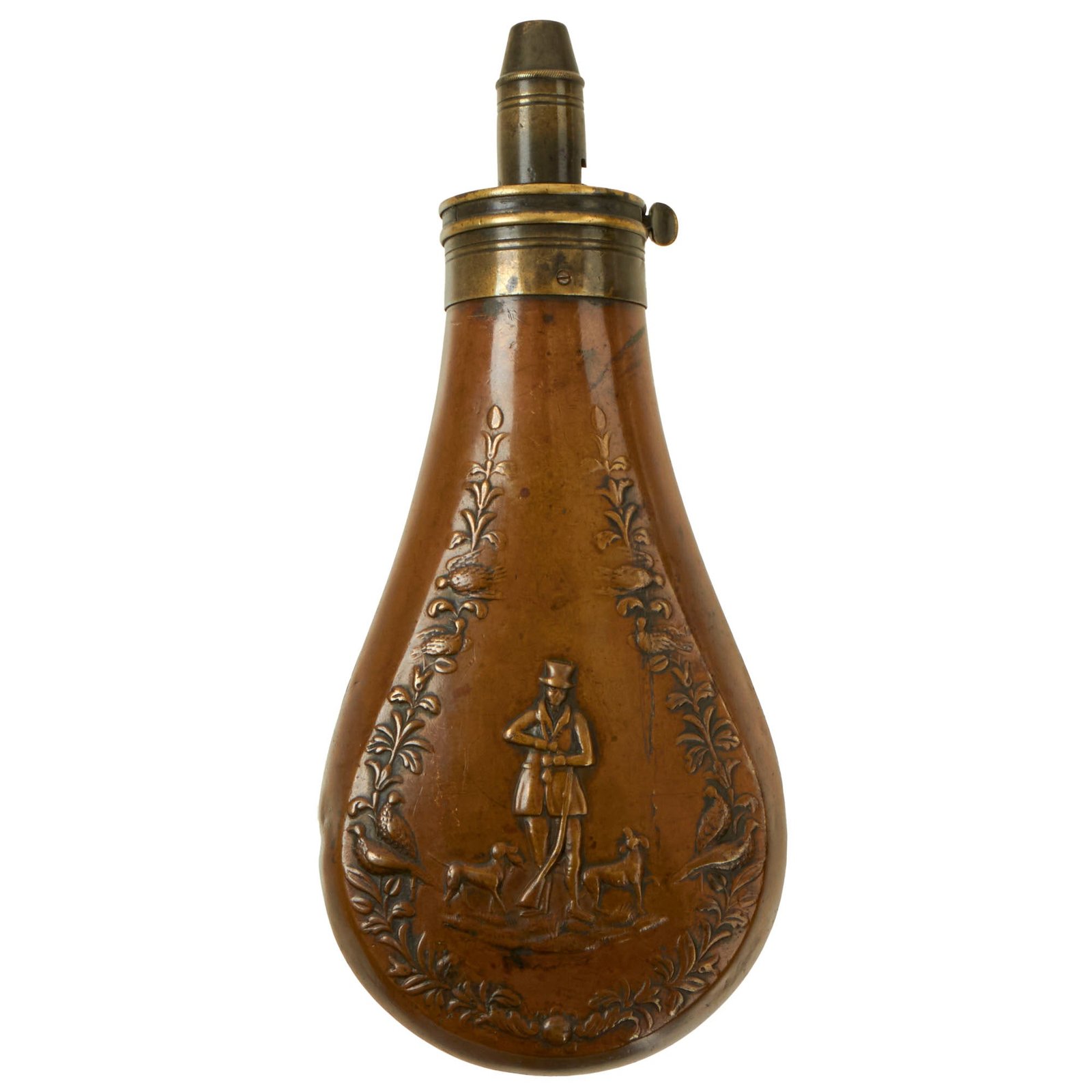 Buy Original U.S. Mexican-American War Era Hunter with Dogs Powder Flask - Marked Patent | Original Firearms Antique For Sale