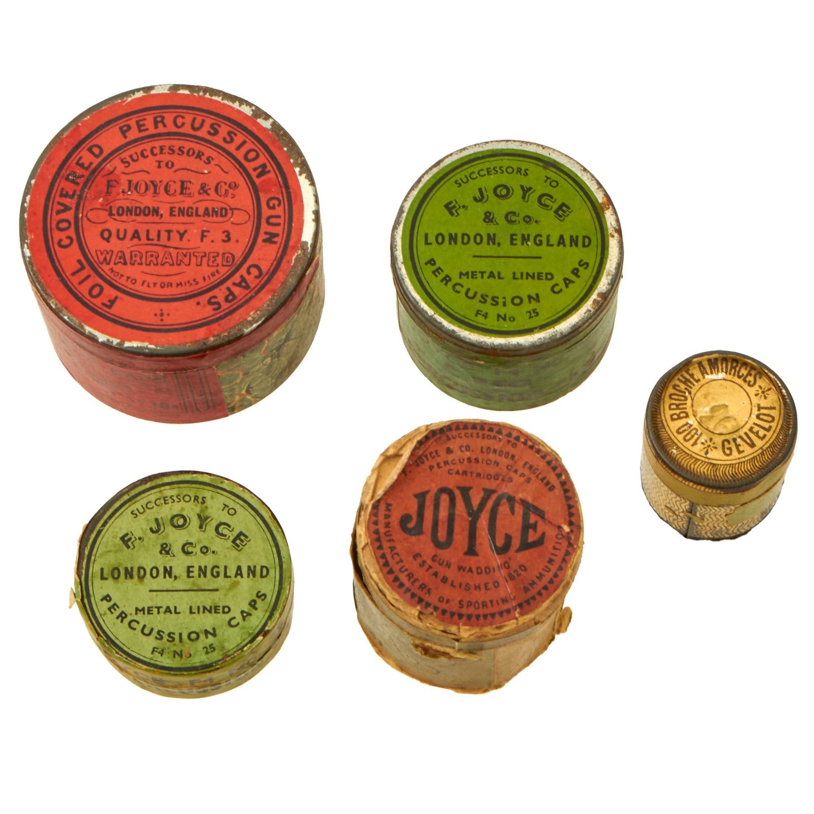 Buy Original British & French 1840s-1850s Percussion Cap Tin & Pinfire Cap Lot - Two Tins with Caps - 5 Total | Original Firearms Antique For Sale