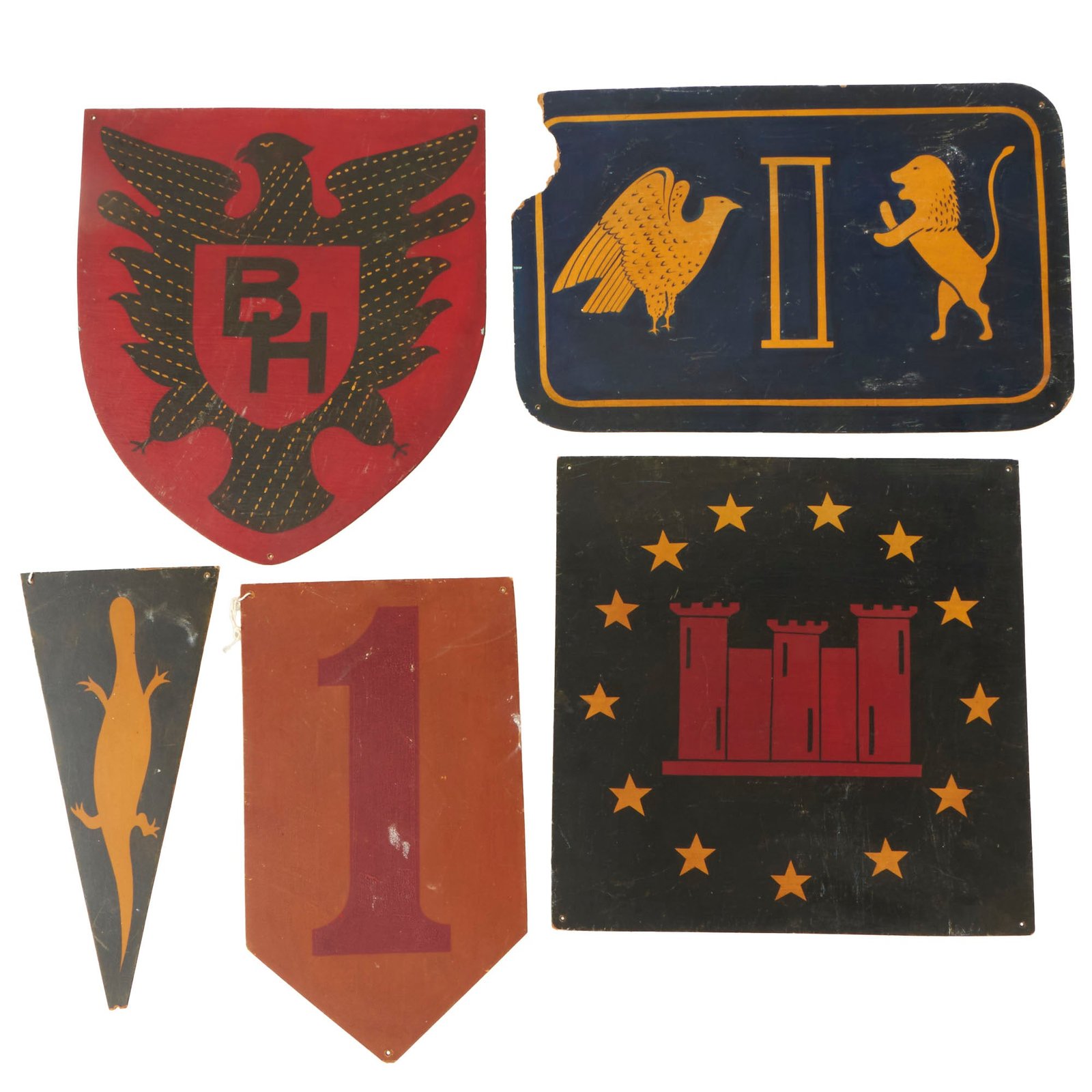 Buy Original U.S. WWI Lot of 5 Large Divisional Painted Wall Insignia - 1st Division & Camouflage Engineers | Original Firearms Antique For Sale