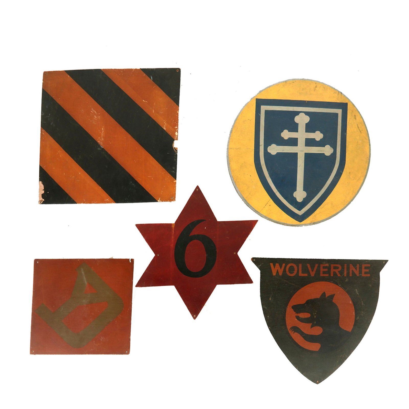Buy Original U.S. WWI Lot of 5 Large Divisional Painted Wall Insignia - 4th Division & 80th Division | Original Firearms Antique For Sale
