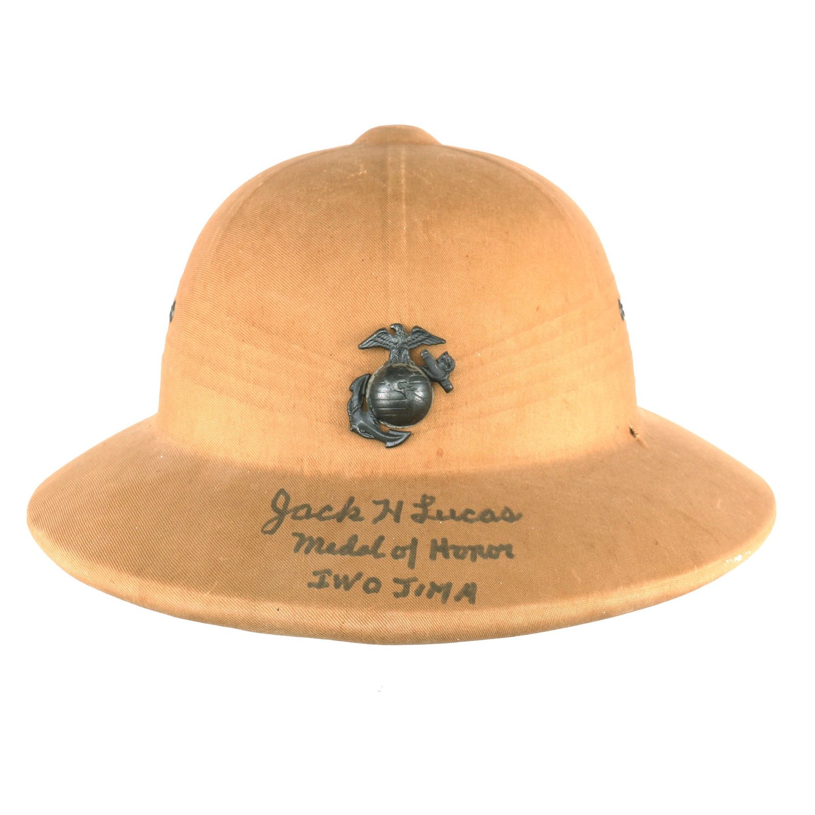 Buy Original U.S. WWII U.S.M.C. Iwo Jima Medal of Honor Recipient Jack H. Lucas Signed Sun Helmet | Original Firearms Antique For Sale