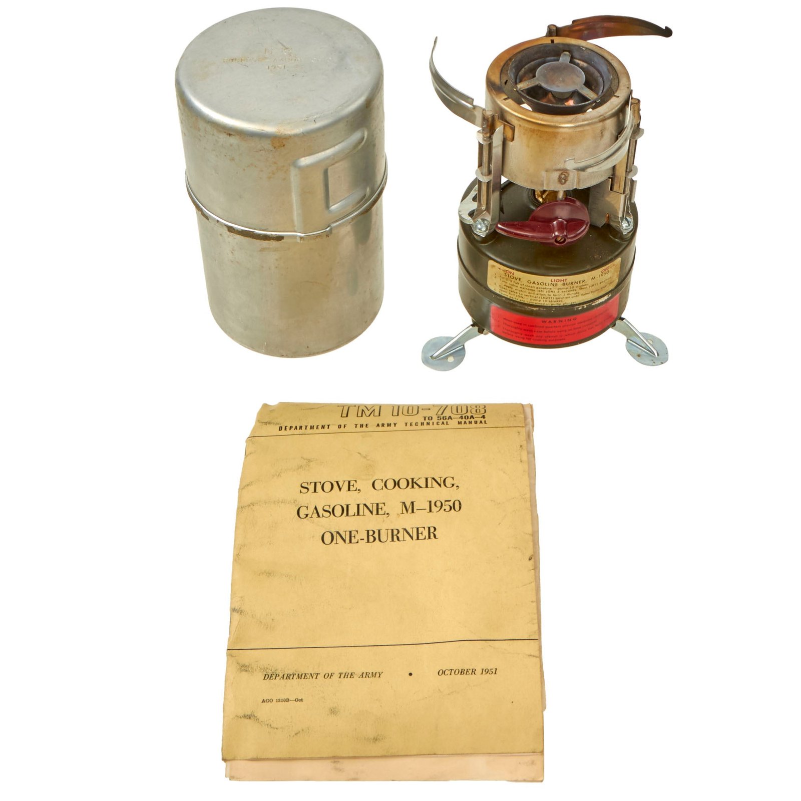Buy Original Vietnam War U.S. Issue Rogers Gasoline Camp Stove in Bayonet "F" Canister with Original Manual - Dated 1951 & 1964 | Original Firearms Antique For Sale