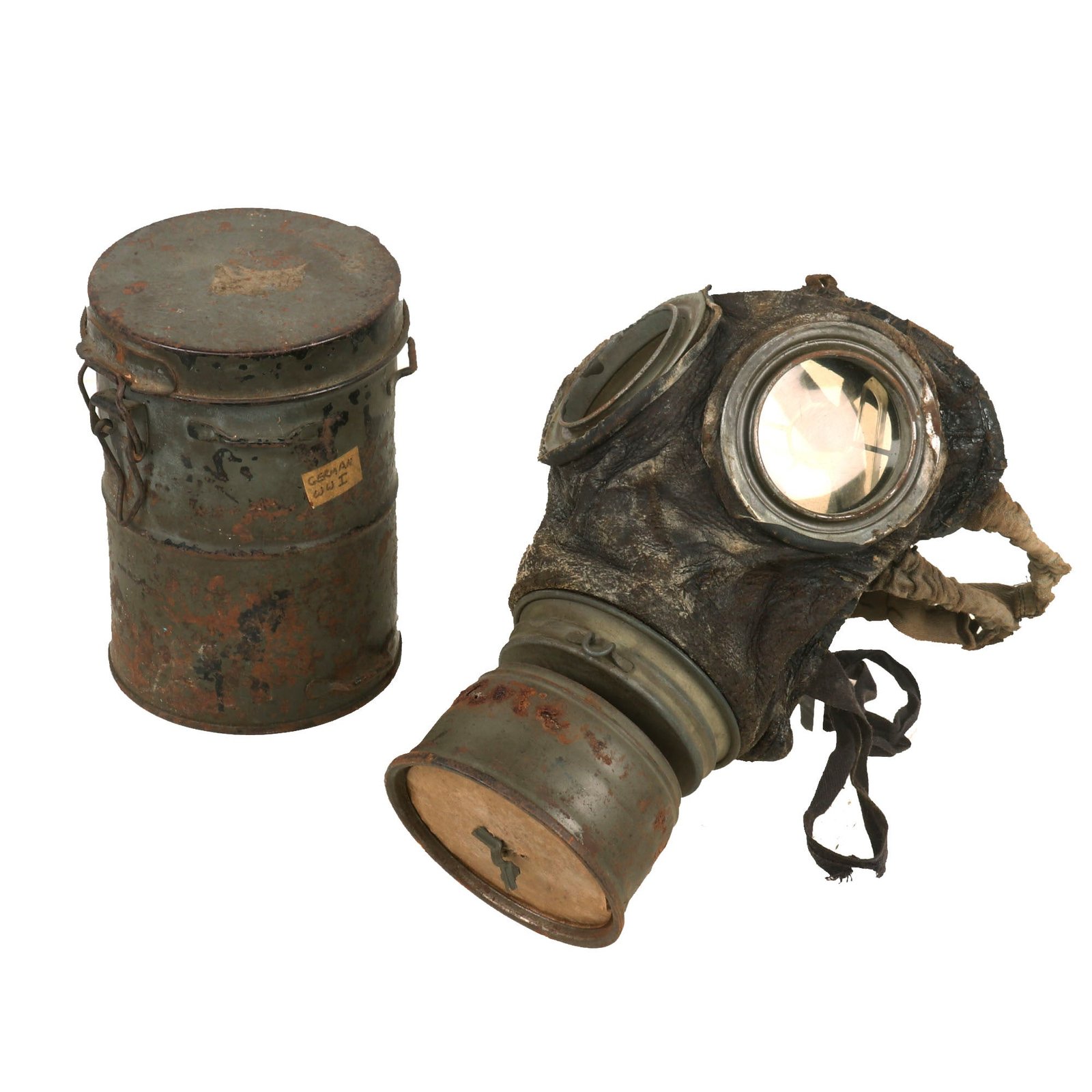 Buy Original Imperial German WWI M1917 Ledermaske Gas Mask with Still Sealed Filter & Canister with Spare Lenses | Original Firearms Antique For Sale