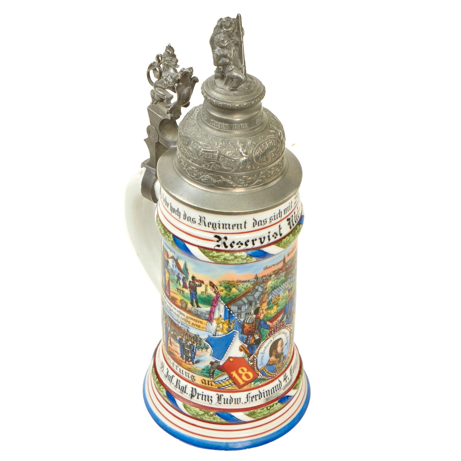 Buy Original Imperial German WWI Era 18th Royal Bavarian Infantry Regiment Reservist Beer Stein with Hinged Lid - dated 1905-07 | Original Firearms Antique For Sale