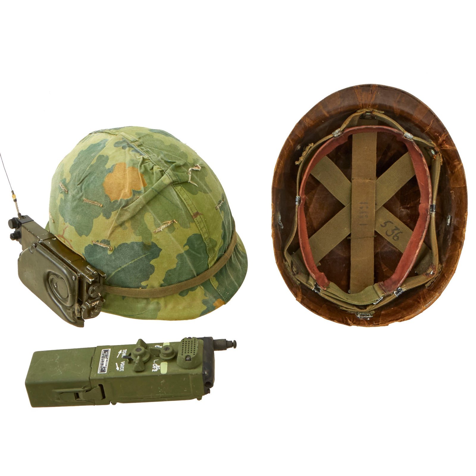 Buy Original U.S. Vietnam War M1 Helmet with PRT-4 / PRR-9 Squad Radio Set & Camouflage Cover | Original Firearms Antique For Sale