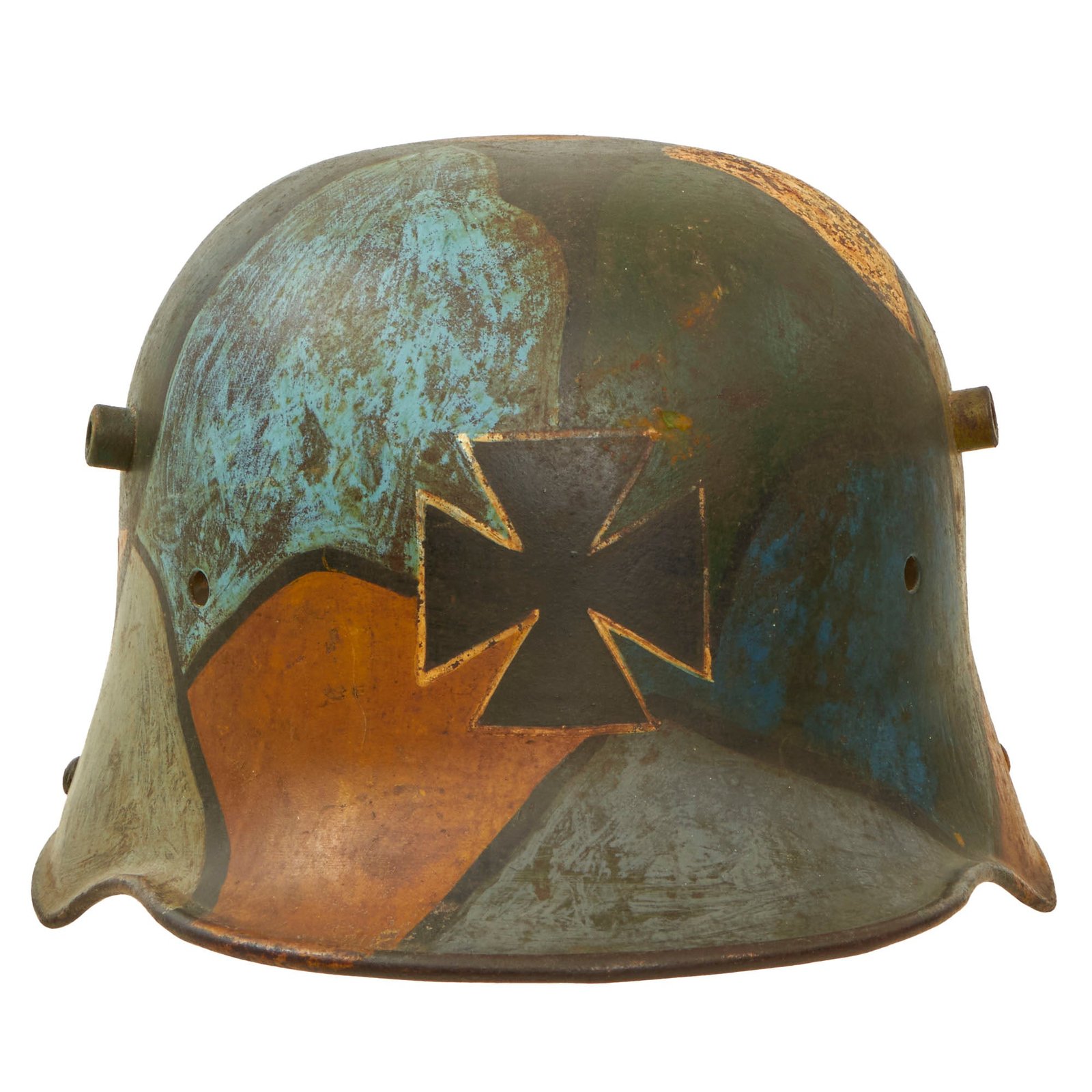 Buy Original Imperial German WWI U.S. Souvenir Camouflage Painted M1916 Stahlhelm with Iron Cross - Marked Si66 | Original Firearms Antique For Sale