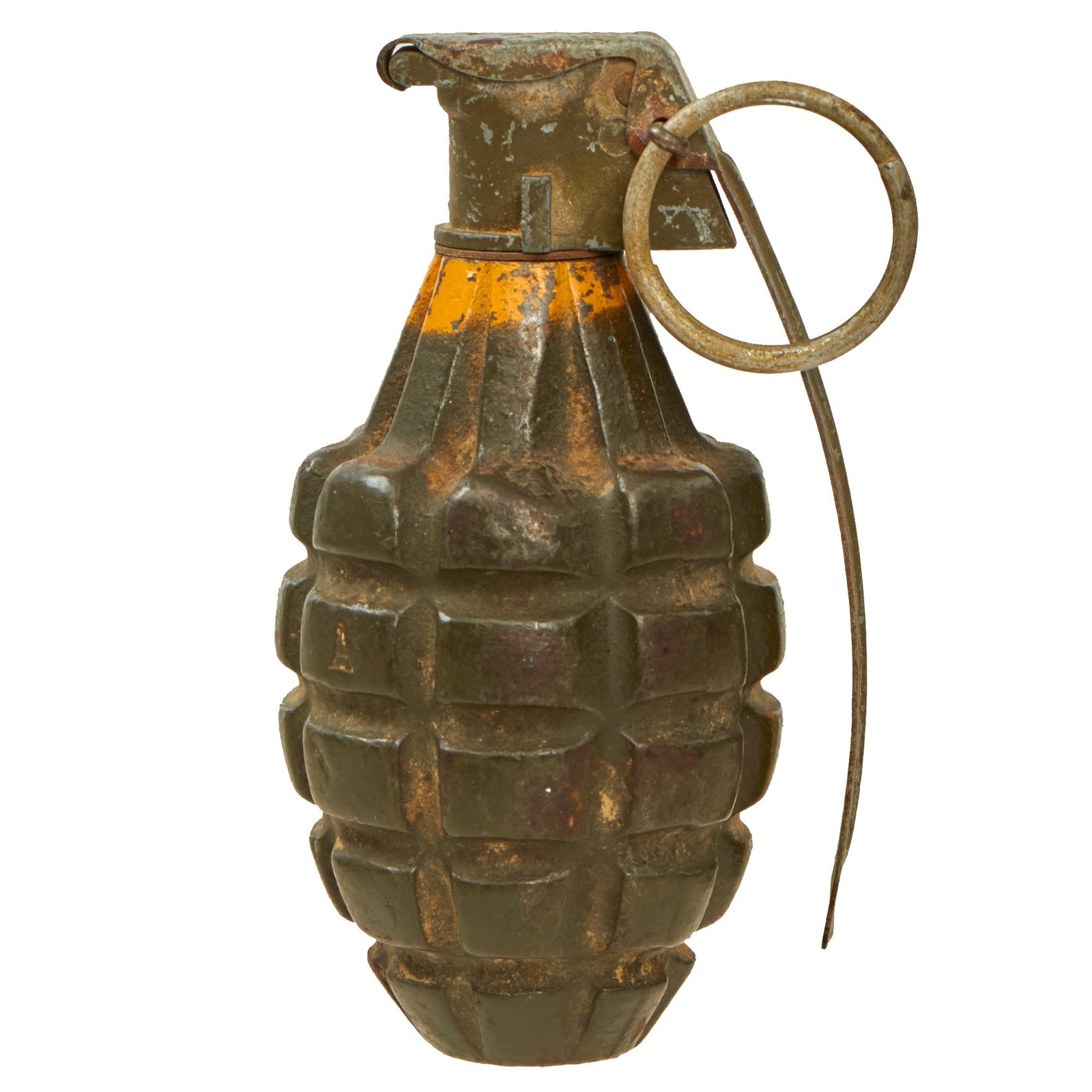 Buy Original U.S. WWII Inert MkII Pineapple Grenade with Yellow Ring and M10A2 Fuze by The American Fireworks Company | Original Firearms Antique For Sale