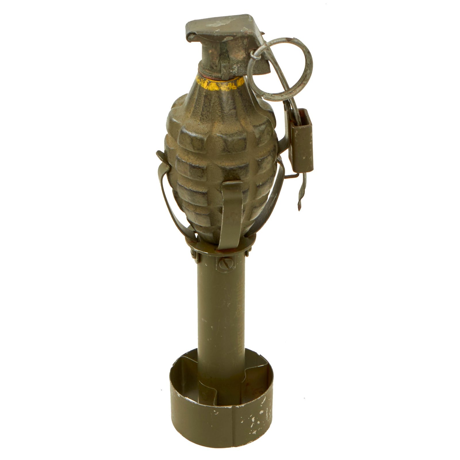 Buy Original U.S. WWII Inert MkII Pineapple Grenade in 1945 dated M1 Rifle Grenade Adapter | Original Firearms Antique For Sale