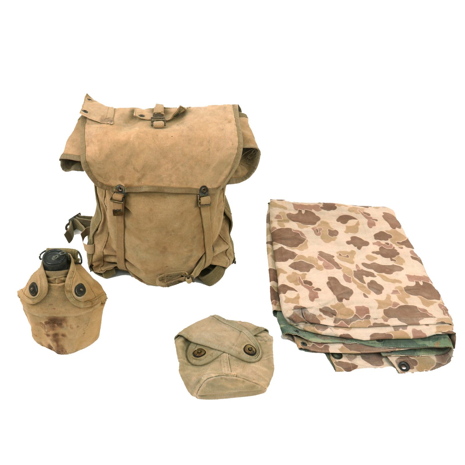 Buy Original U.S. WWII US Marine Corps Field Gear Lot Featuring 1st Model M41 Pack, 2nd Model Canteen Cover, 3rd Model Canteen Cover (Without Funnel Hole) and Tarp | Original Firearms Antique For Sale