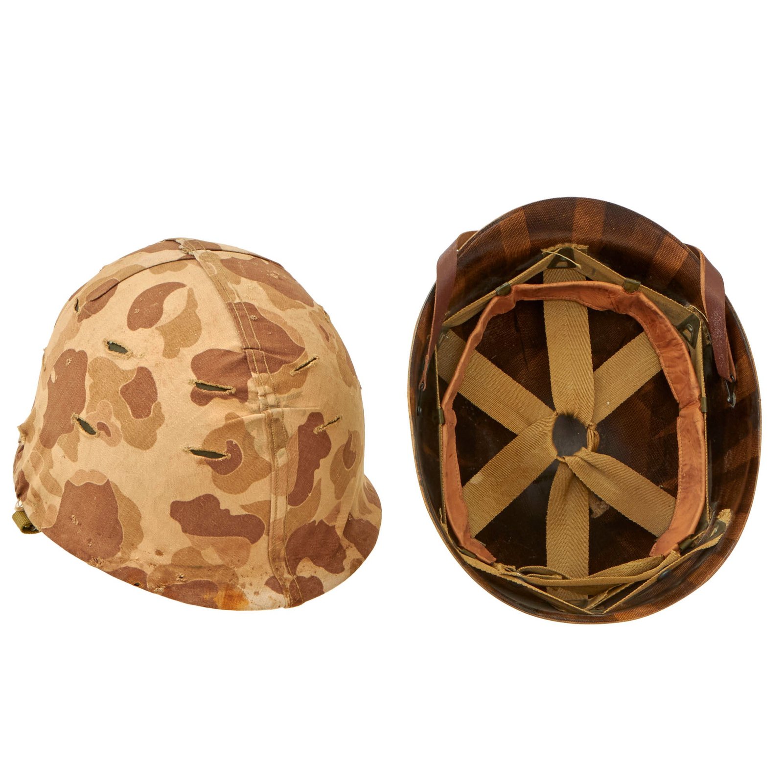Buy Original U.S. WWII 1944 M1 McCord Swivel Bale Helmet with Second Pattern USMC HBT Camouflage Cover and Seaman Paper Company Liner - No EGA Stencil on Cover | Original Firearms Antique For Sale