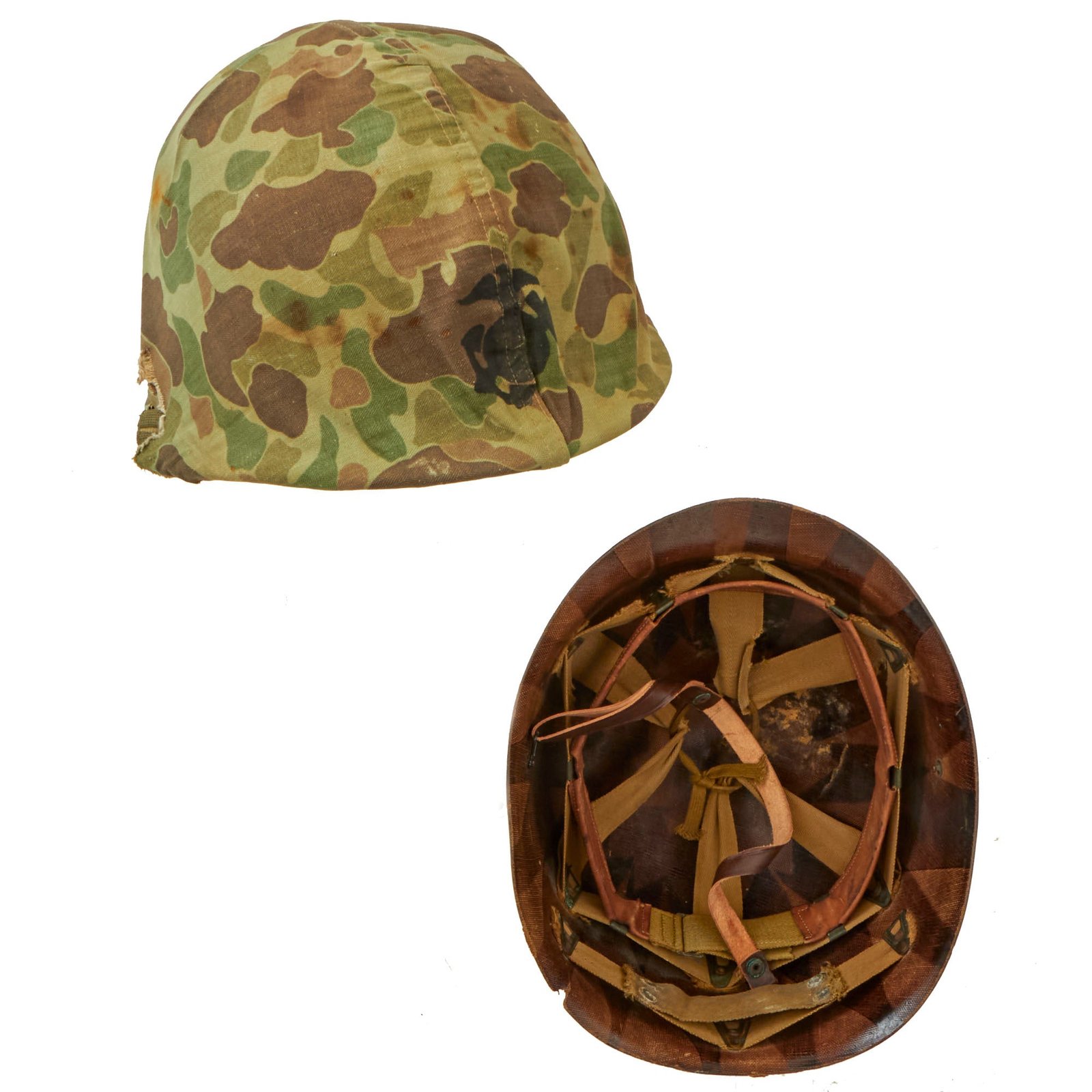 Buy Original U.S. WWII 1943 M1 McCord Swivel Bale Helmet with First Pattern USMC HBT Camouflage Cover and CAPAC Liner - Complete | Original Firearms Antique For Sale