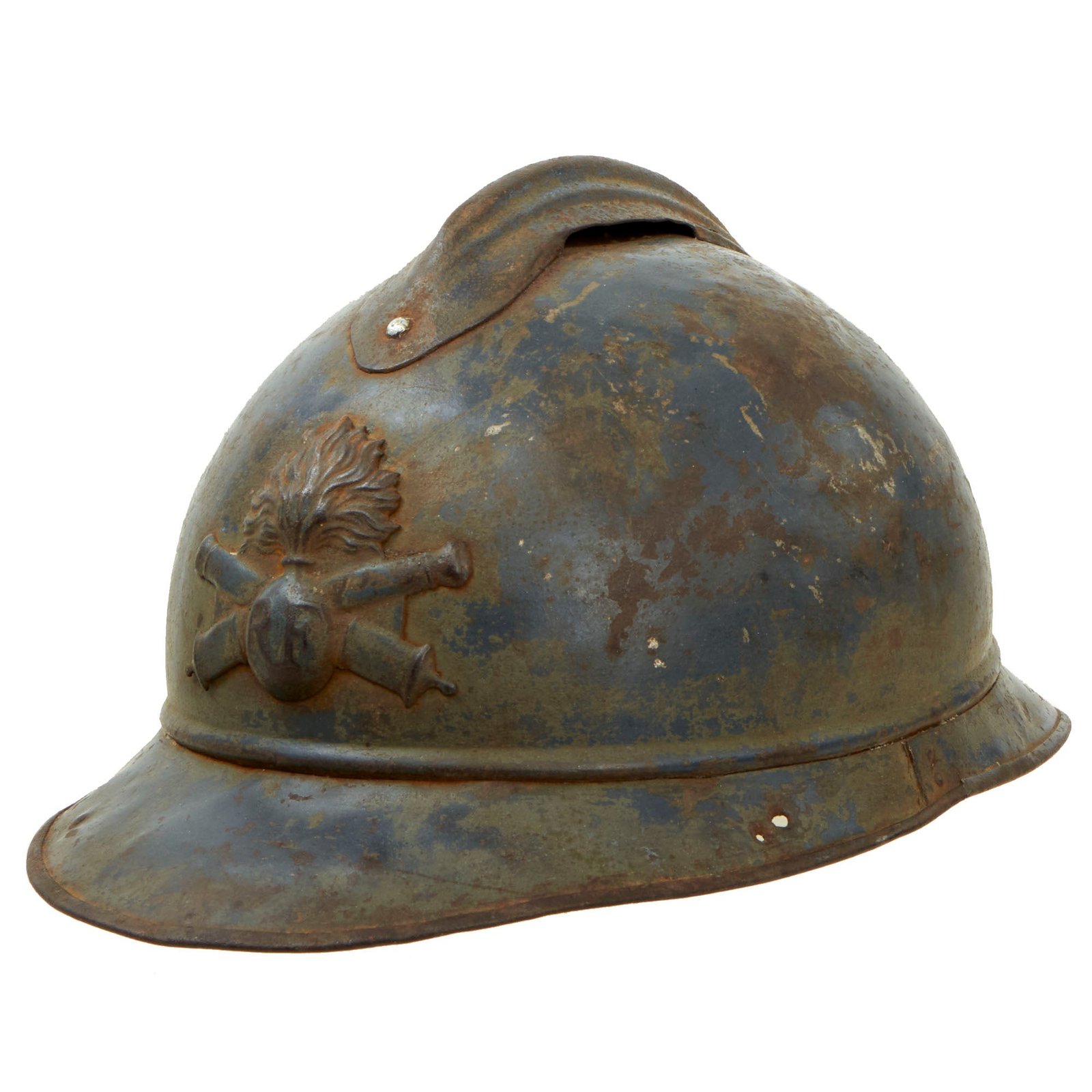 Buy Original French WWI Issue Model 1915 Adrian Helmet in Horizon Blue with Artillery RF Badge and Second Pattern Liner | Original Firearms Antique For Sale
