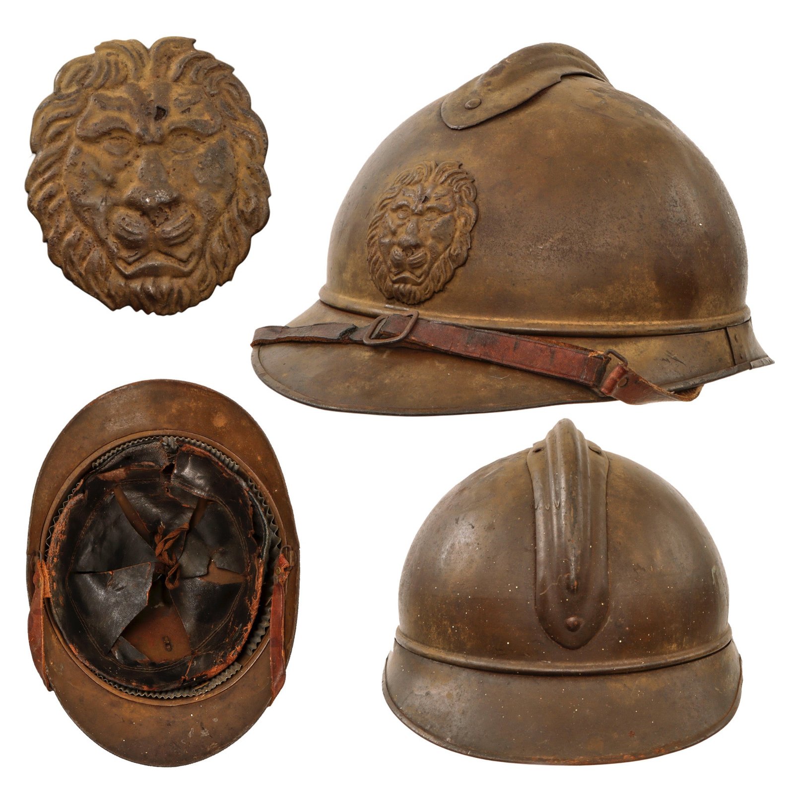 Original Belgian WWI Issue French Model 1915 Adrian Helmet with Lion Head Badge and Liner - Complete