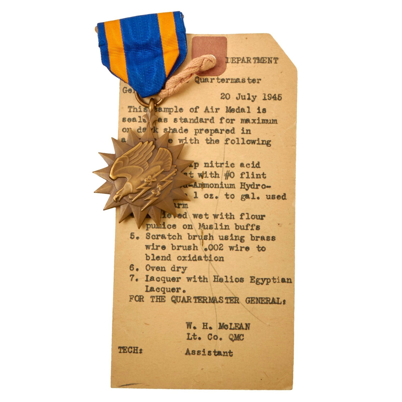 Buy Original U.S. WWII Office of the Quartermaster General, War Department Standard Sample of the Air Medal on Original Card With Unbroken Seal - Dated July 20, 1945 | Original Firearms Antique For Sale