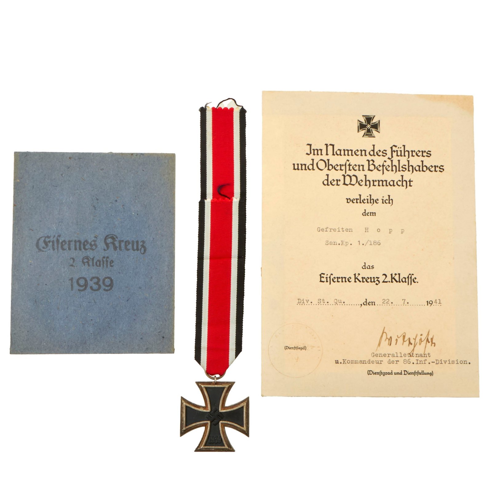 Buy Original German WWII Iron Cross 2nd Class 1939 EKII with Named Award Document, Packet & Ribbon - 86th Infantry Division | Original Firearms Antique For Sale