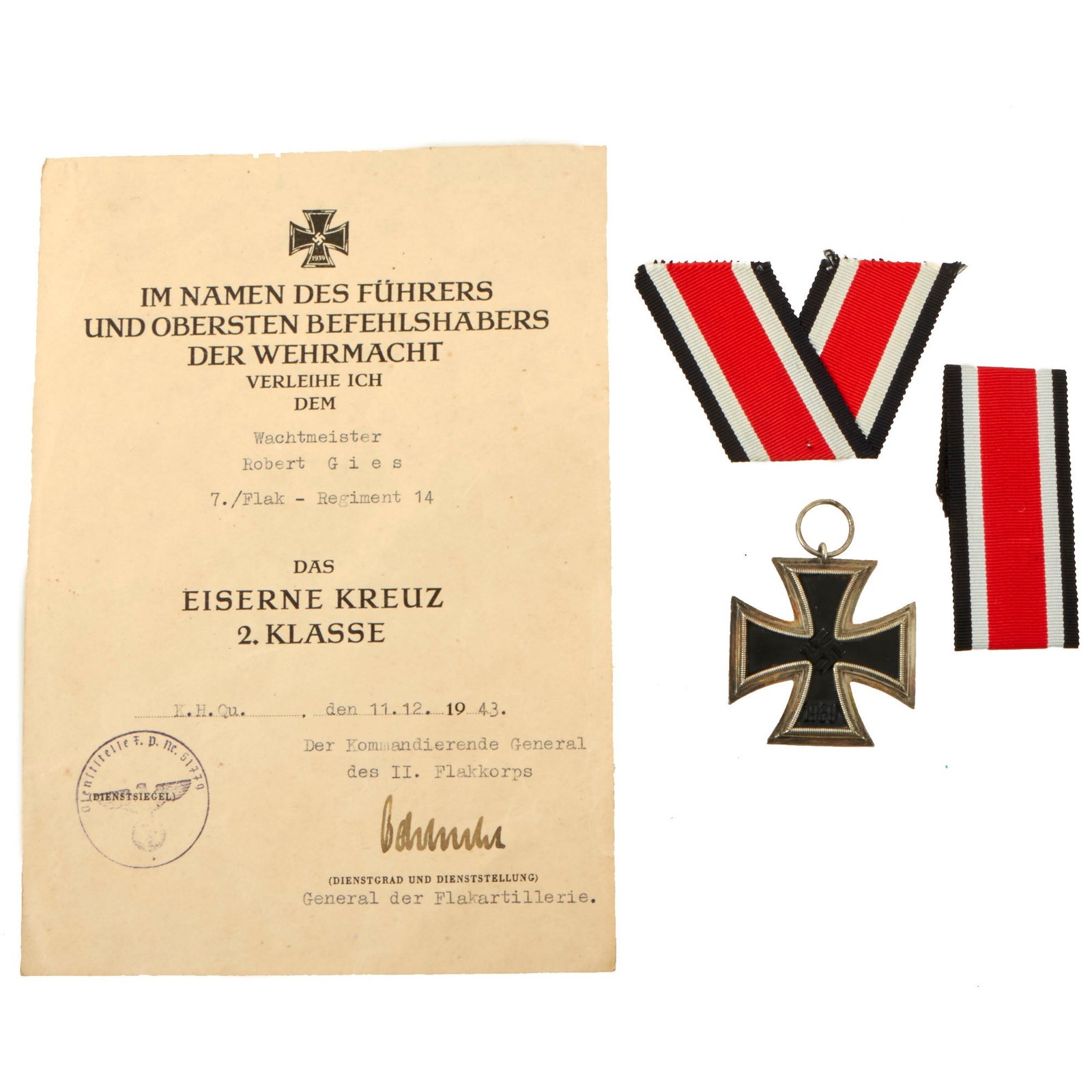Buy Original German WWII Iron Cross 2nd Class 1939 EKII with Named Award Document & (2) Ribbons - Luftwaffe 14th Flak Regiment | Original Firearms Antique For Sale