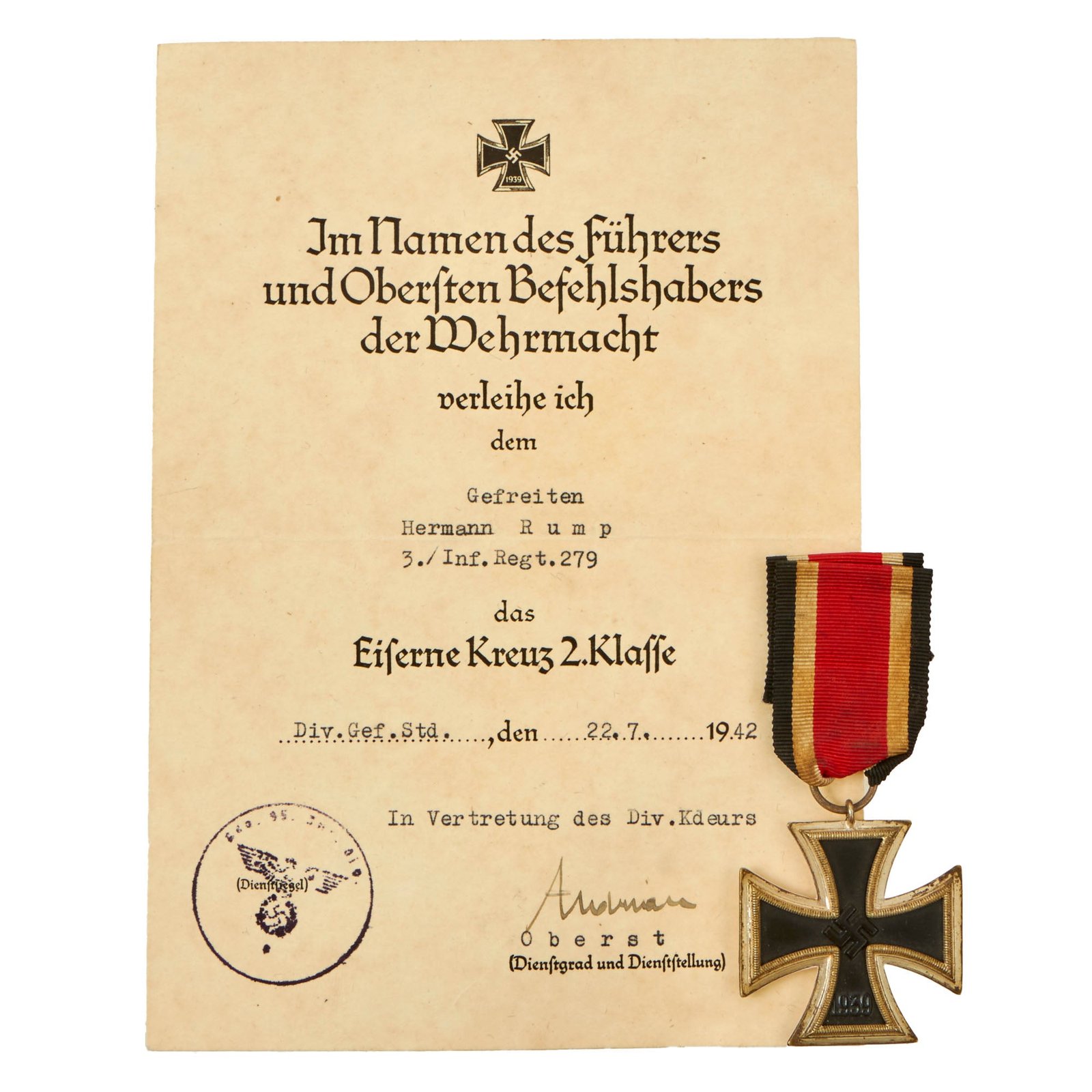 Buy Original German WWII Iron Cross 2nd Class 1939 with Named 279th Infantry Award Document & Ribbon - EKII | Original Firearms Antique For Sale