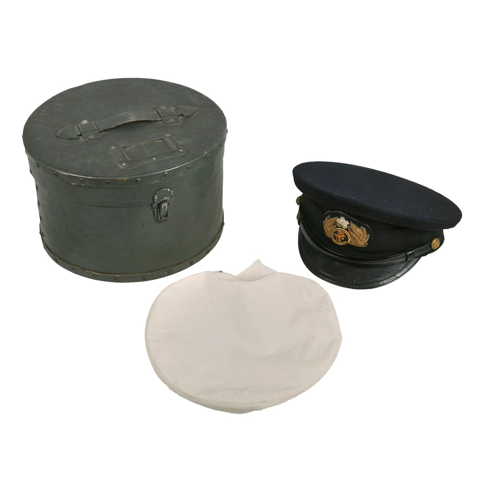 Buy Original WWII Imperial Japanese Navy IJN Officer Visor Cap with White Cover in Vulcanized Fiber Transit Carry Case - Named To Naval Officer Mizuhata | Original Firearms Antique For Sale