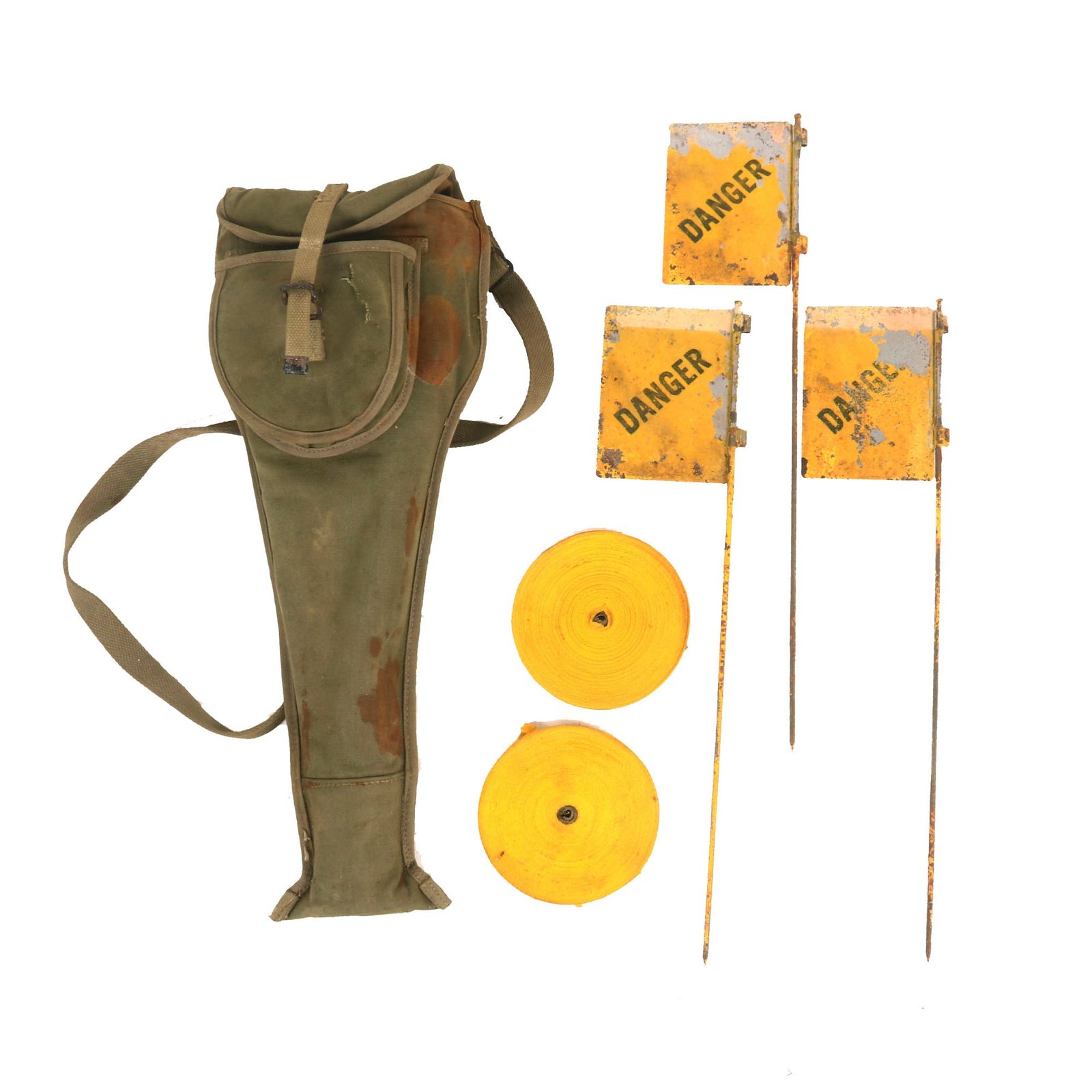 Buy Original U.S. WWII DANGER Mine Field Marker Kit Flag Set Case Complete with 26 Marking Flags & Yellow Tape Rolls - 1944 Dated | Original Firearms Antique For Sale