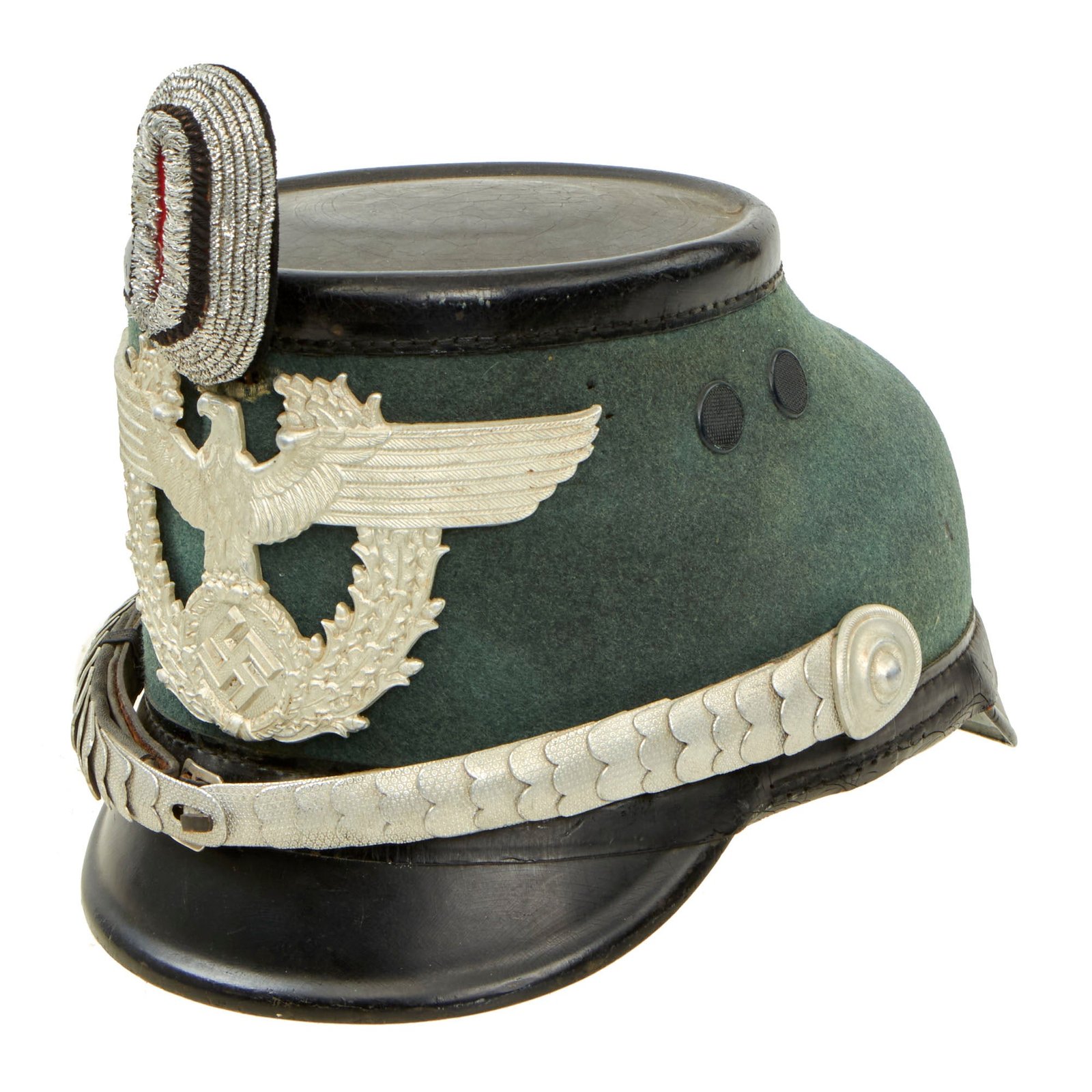 Buy Original German WWII 1938 Dated Late Pattern Metropolitan Police Officer Shako by EREL with Chin Scales & Bullion Cockade - Size 56 ½ cm | Original Firearms Antique For Sale
