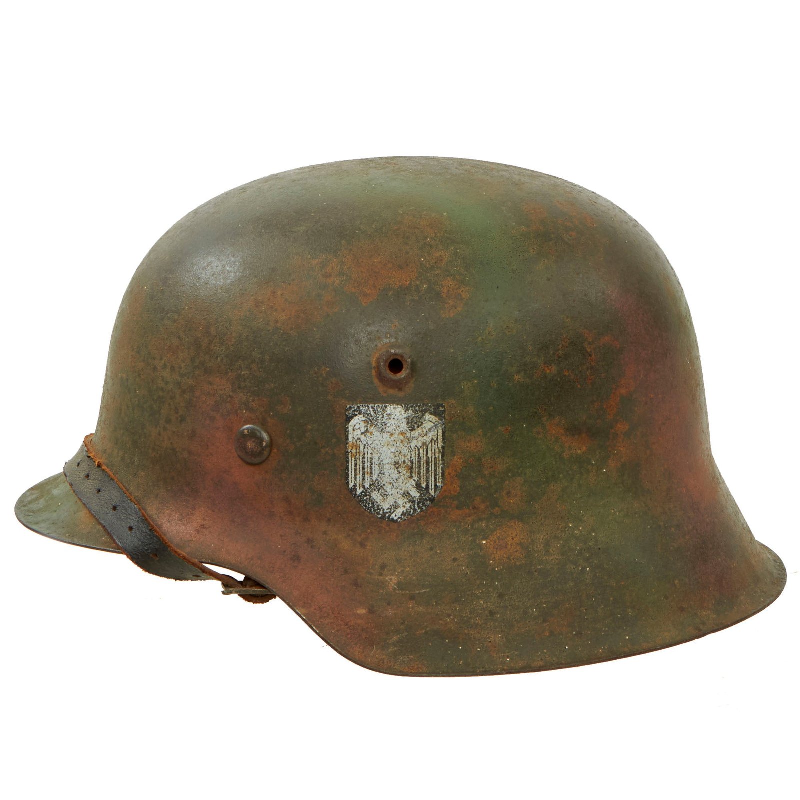 Buy Original German WWII M42 Army Heer Single Decal Camouflage Helmet with Aged Replica Liner & Chinstrap - stamped ckl64 | Original Firearms Antique For Sale